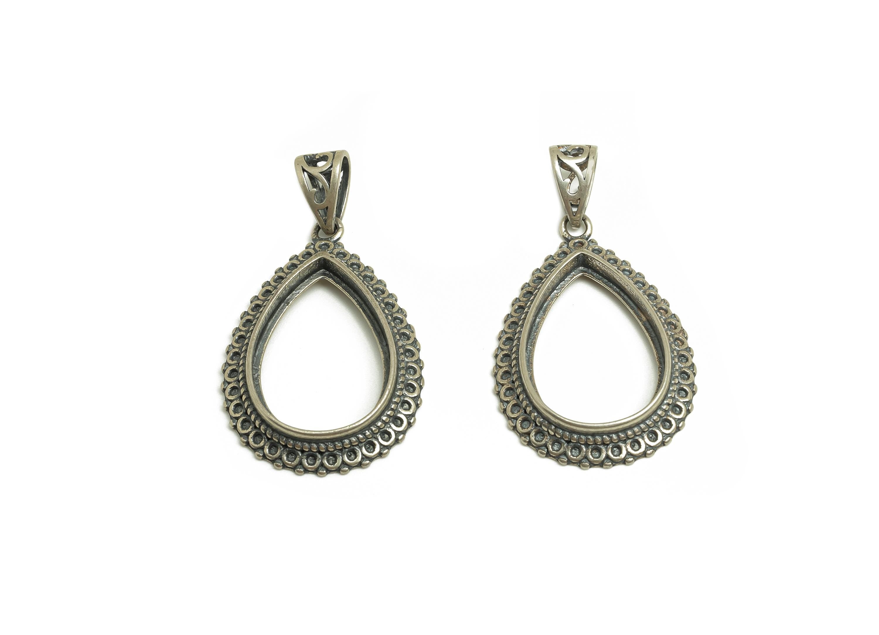 12.5x18mm Drop Pendant Setting - Teardrop Blank Pendant - Vintage Black Pendant - Silver Pattern Pendant - 925 Silver Sterling - RGP7449 - DOMEDBAZAAR