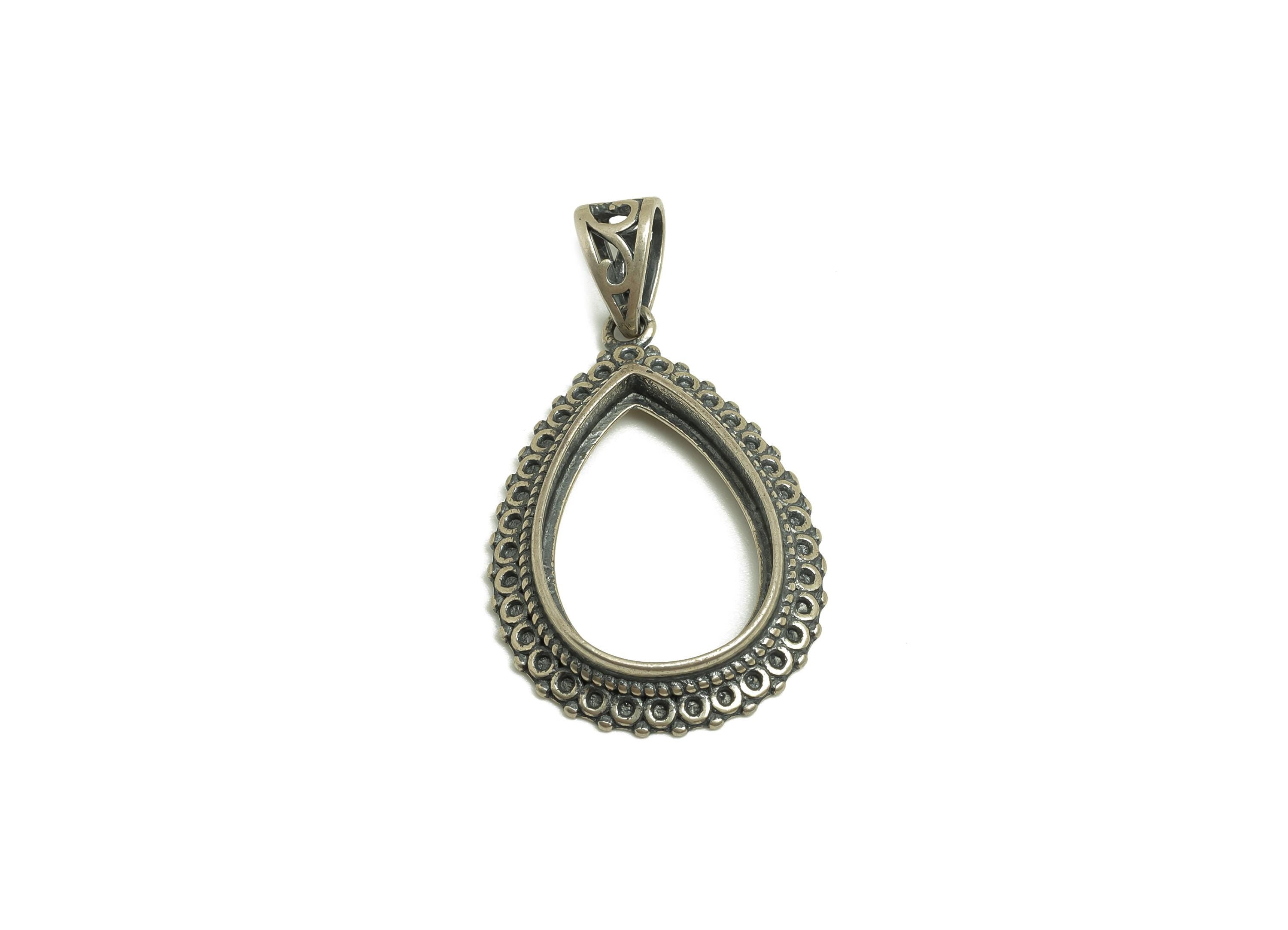 12.5x18mm Drop Pendant Setting - Teardrop Blank Pendant - Vintage Black Pendant - Silver Pattern Pendant - 925 Silver Sterling - RGP7449 - DOMEDBAZAAR