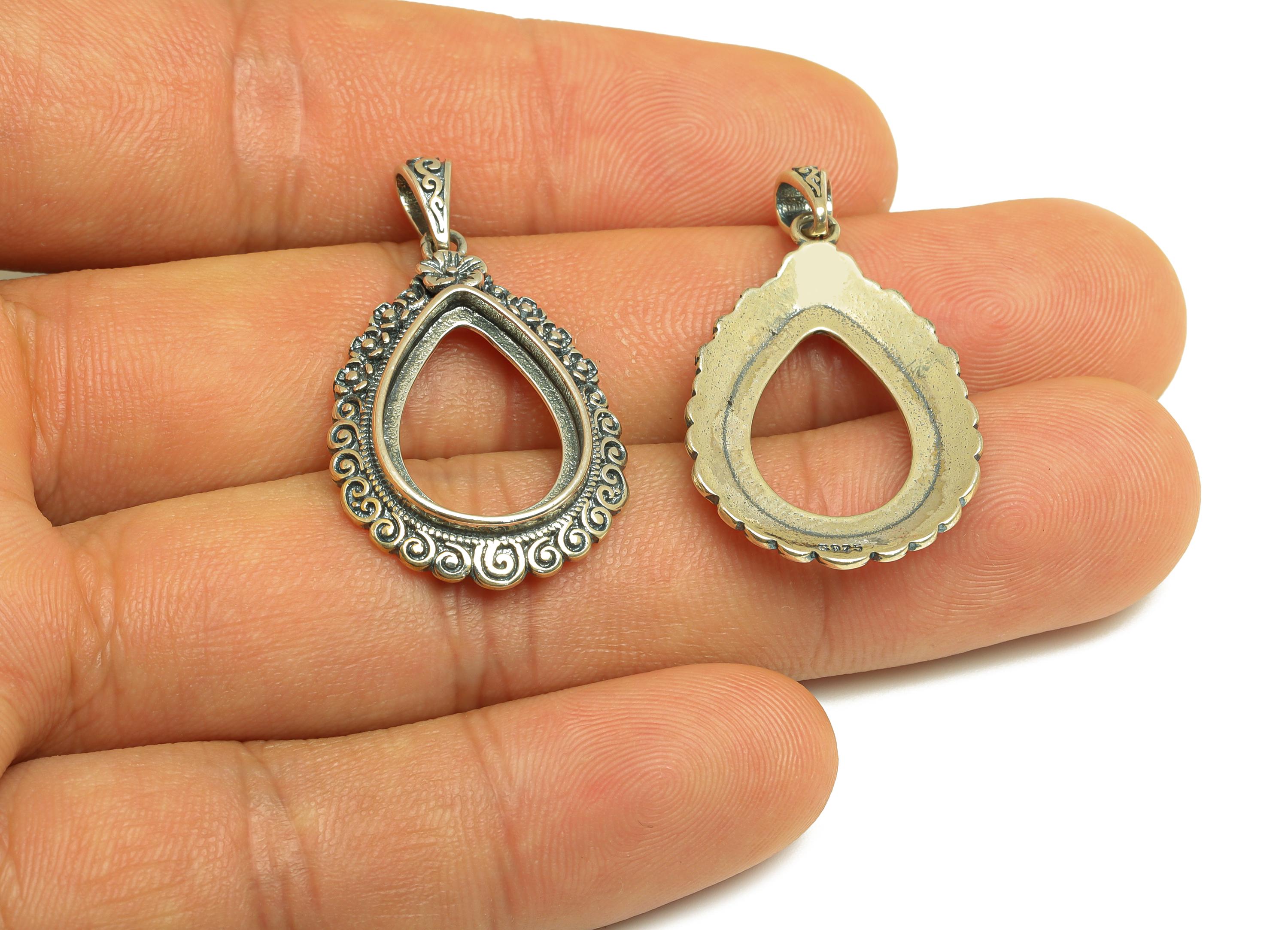 13x18mm Drop Pendant Setting - Daisy Pendant Blank - Teardrop Blank Pendant - Vintage Pendant - Silver Pendant - Silver Sterling - RGP7450 - DOMEDBAZAAR