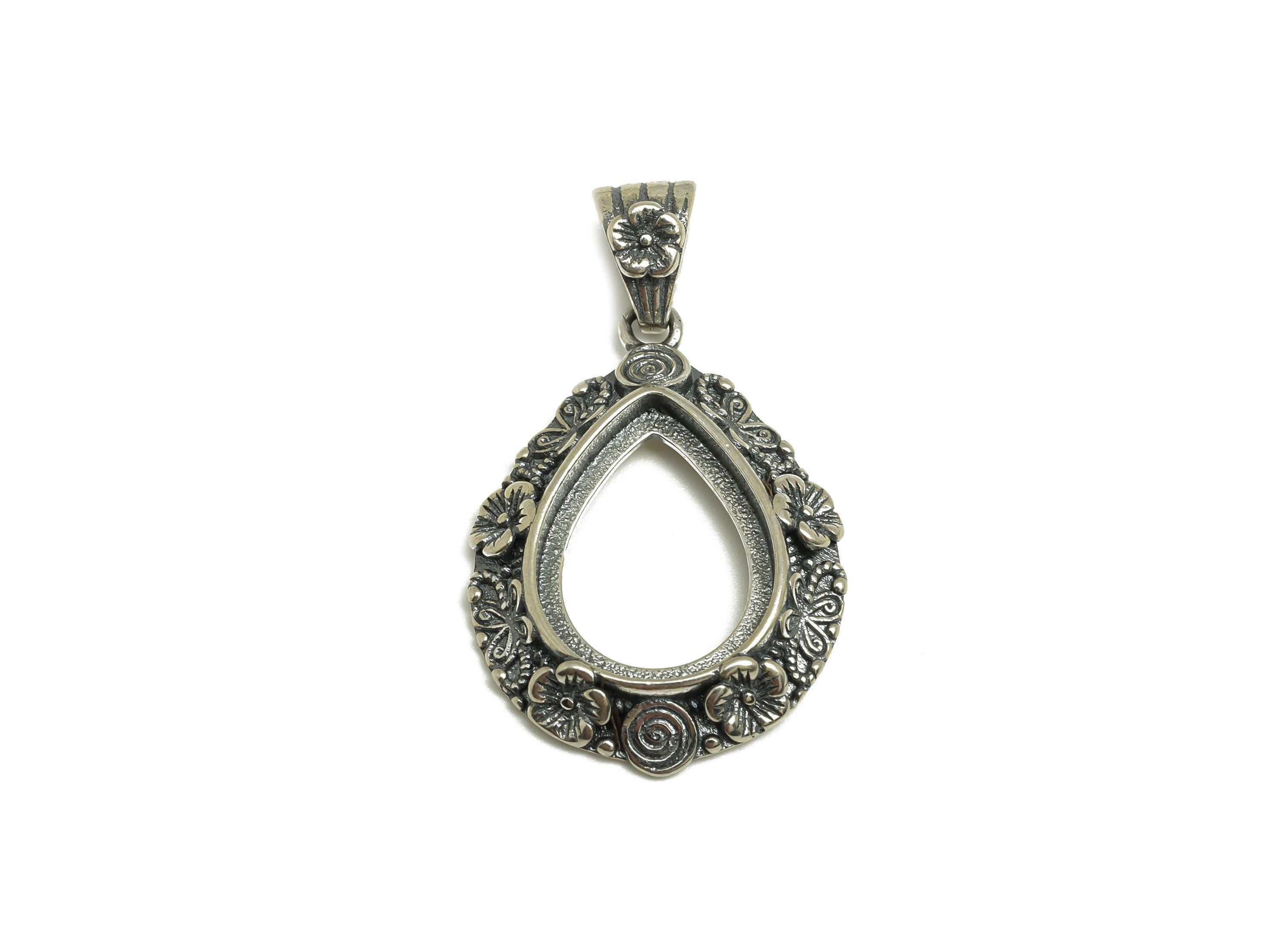 12x16mm Drop Pendant Setting - Daisy Pendant Blank - Butterfly Blank Pendant - Vintage Snail Pattern Pendant - 925 Silver Sterling - RGP7447 - DOMEDBAZAAR