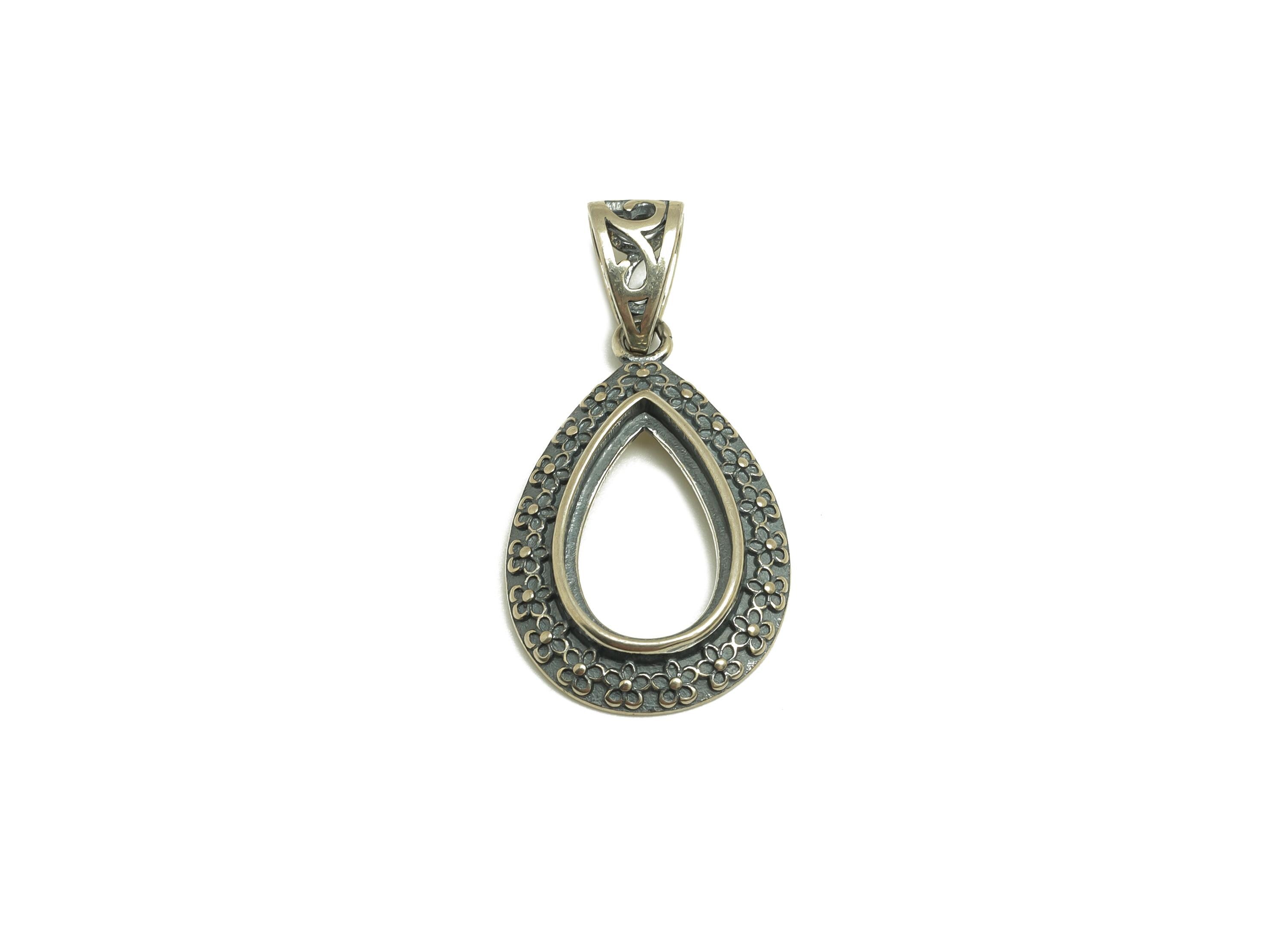 8x13mm Drop Pendant Setting - Textured Pendant Blank - Flower Blank Pendant - Vintage Pendant - 925 Silver Sterling - RGP7441 - DOMEDBAZAAR
