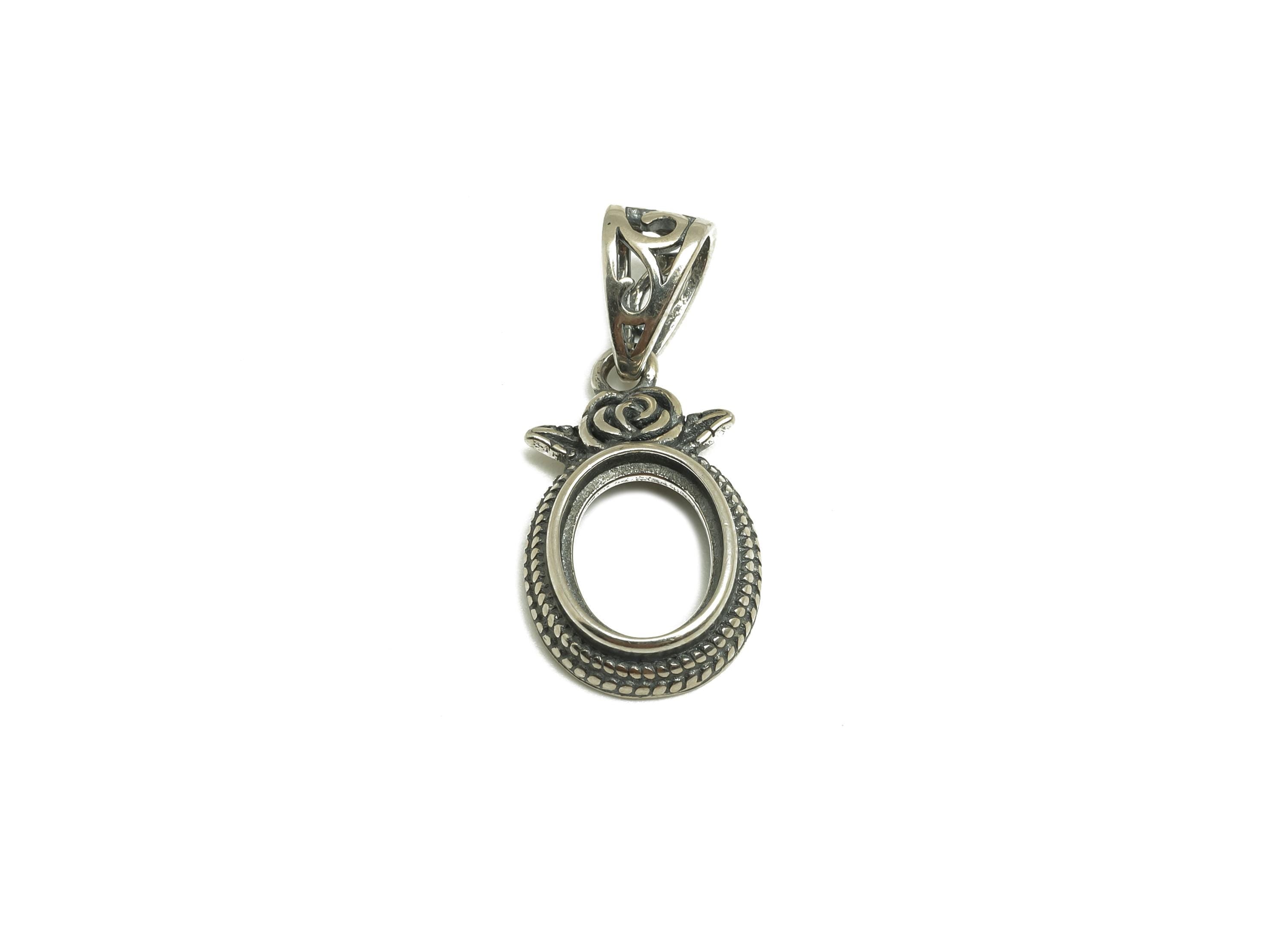 7mm Oval Pendant Setting - Textured Chain Pendant Blank - Rose Blank Pendant - Flower Vintage Pendant - 925 Silver Sterling - RGP7437 - DOMEDBAZAAR