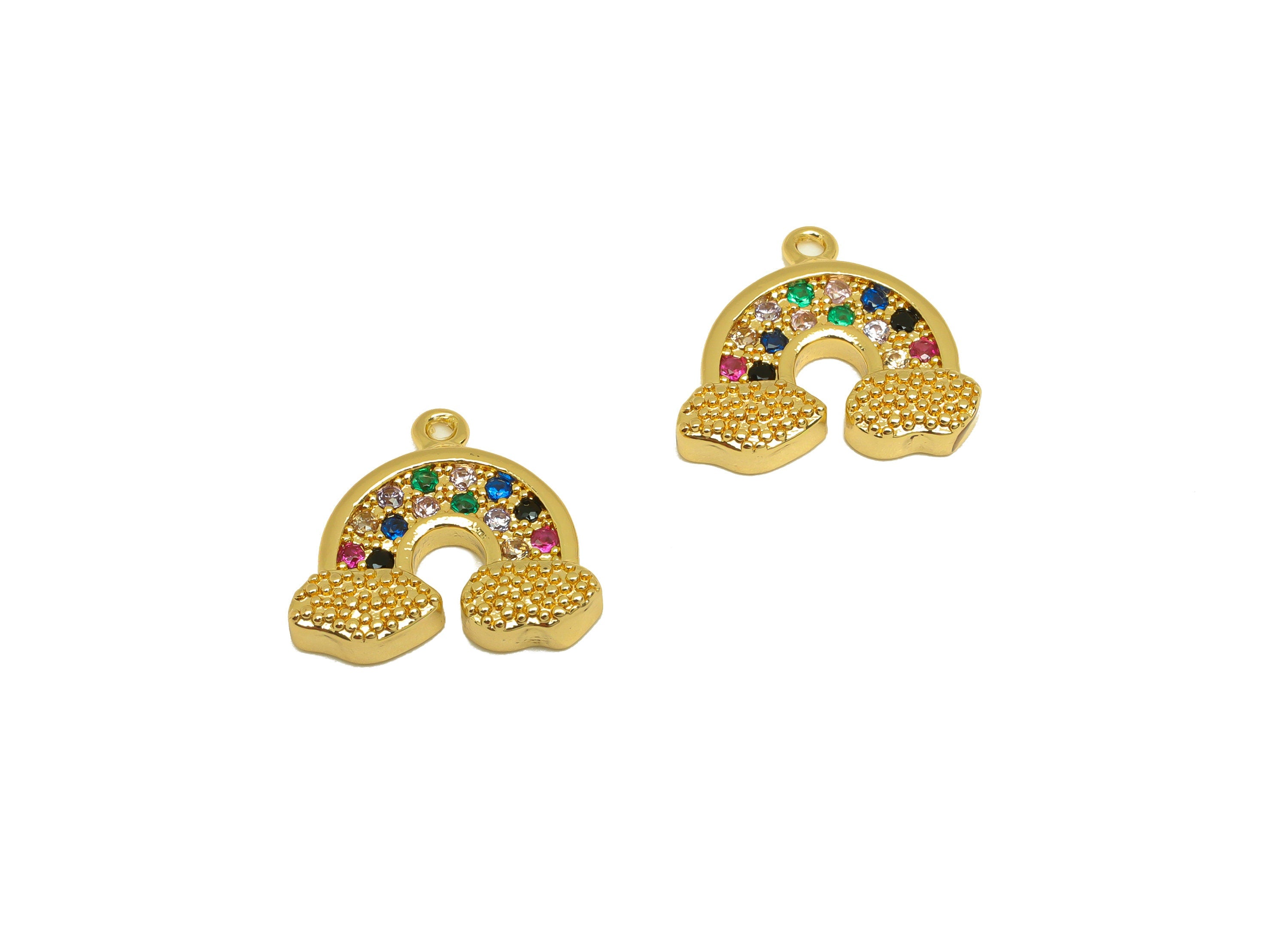 Brass CZ Clouds Earring Charm - Brass Rainbow Cubic Zircon Charm - Clouds Earring Charm - 18K Real Gold Plating - 12.93x14.3x2mm - RGP7092 - DOMEDBAZAAR