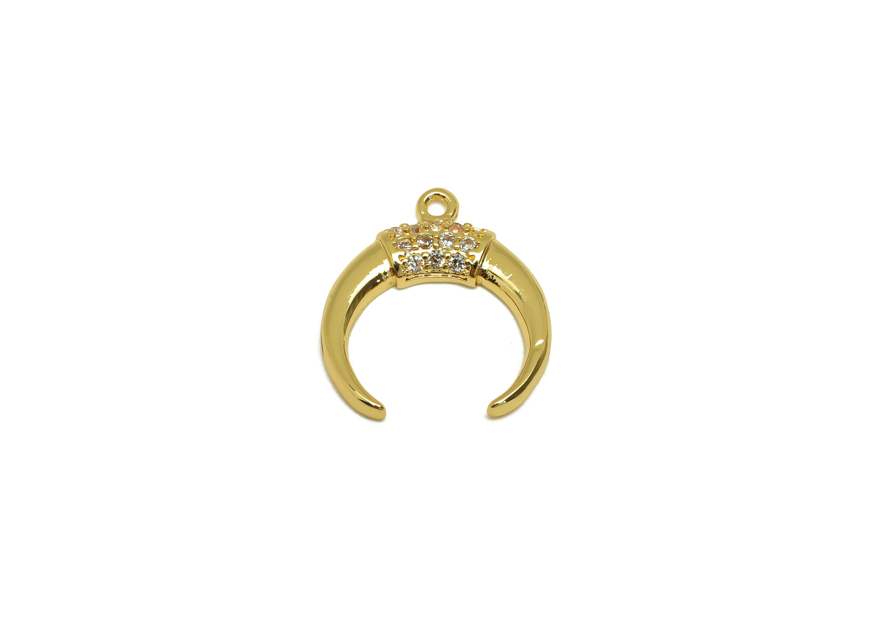 Brass CZ Crescent Earring Charm - Brass Moon Cubic Zircon Charm - Zircon Pendant - 18K Real Gold Plating - 15.8x17.78x2.31mm - RGP7082 - DOMEDBAZAAR