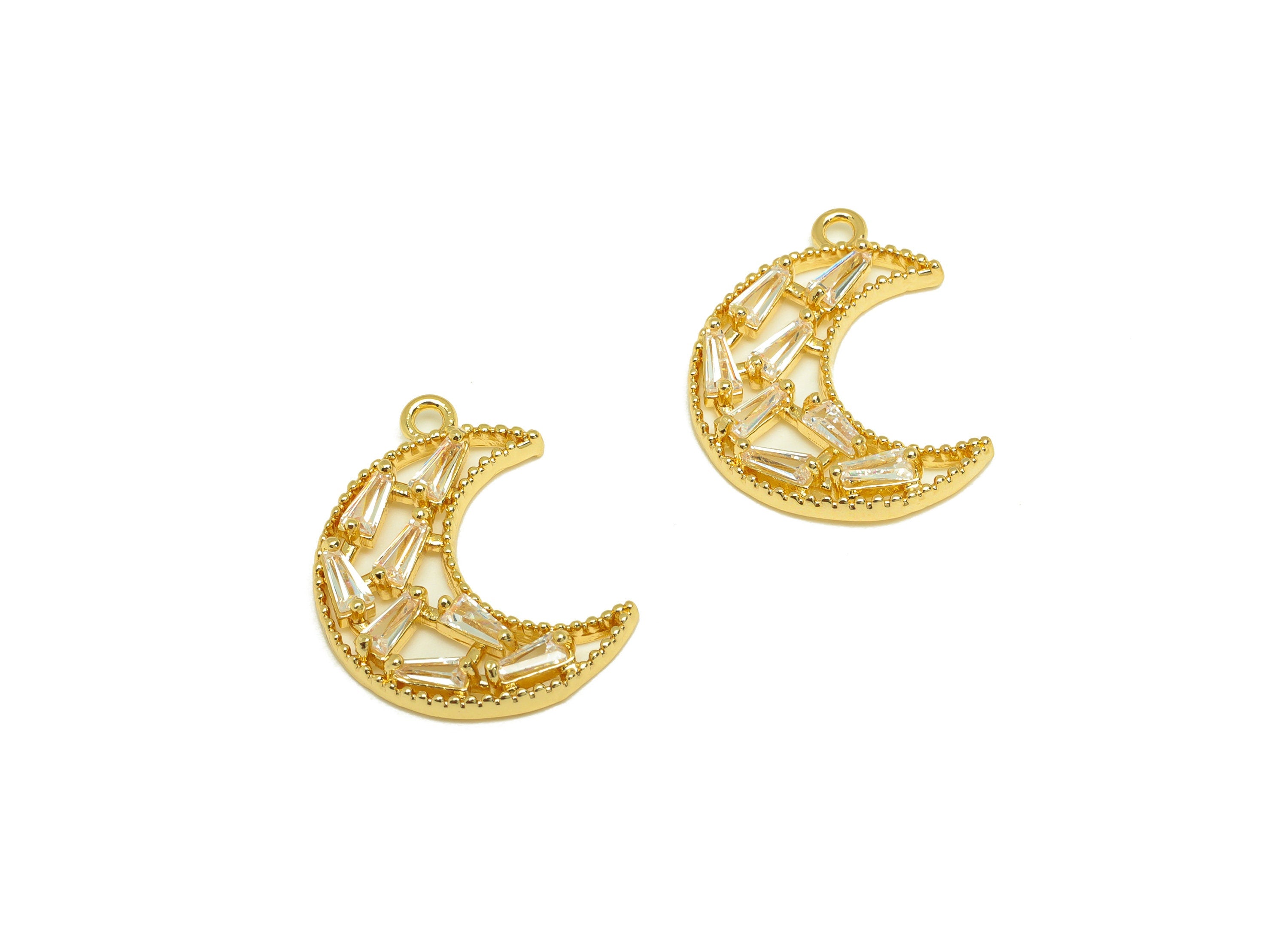 Brass CZ Crescent Earring Charm - Brass Moon Cubic Zircon Charm - Geometry CZ Pendant - 18K Real Gold Plating - 19.8x15x2.84mm - RGP7078 - DOMEDBAZAAR
