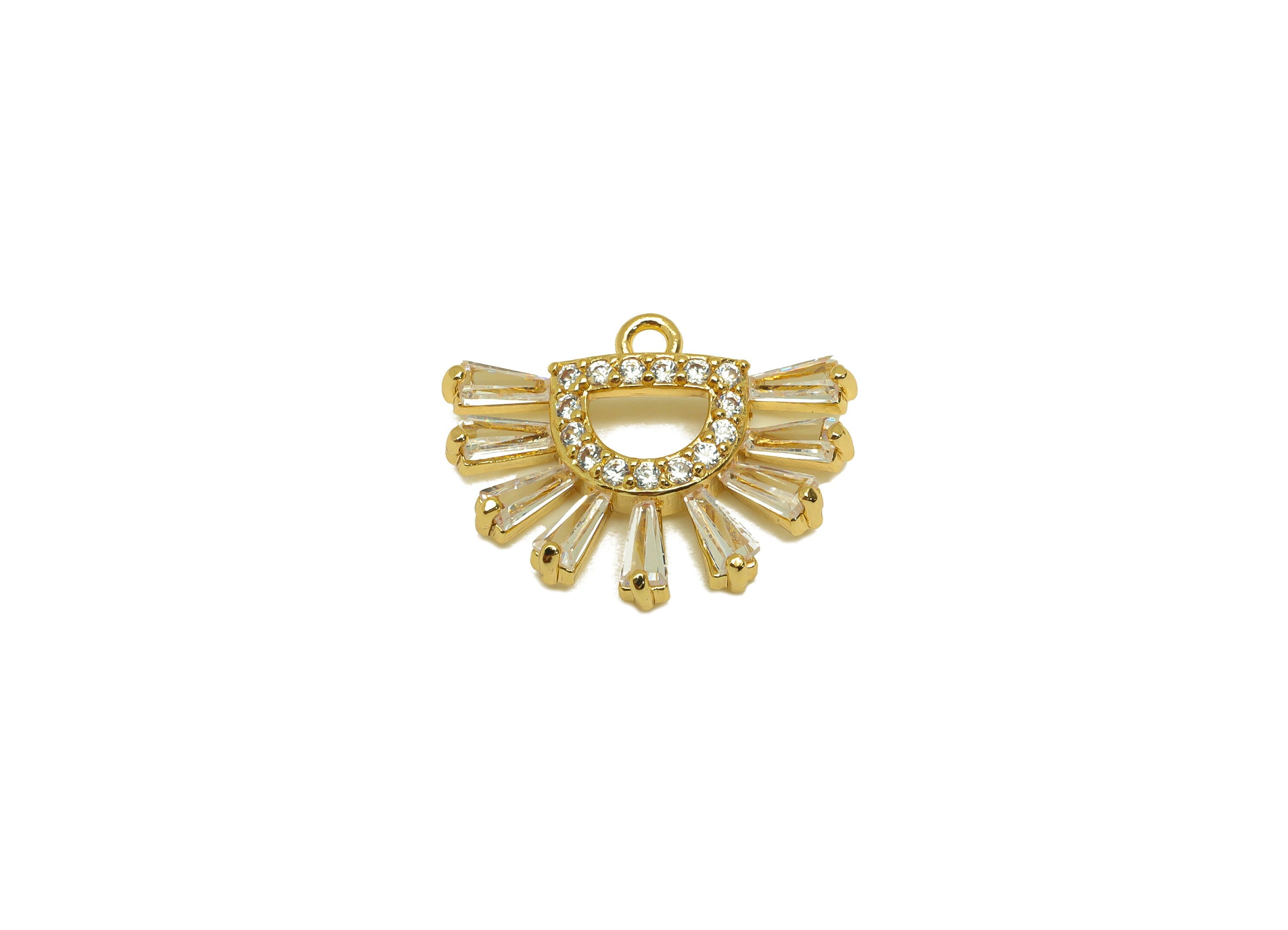 Brass CZ Fan Earring Charm - Brass Domed Cubic Zircon Charm - Zircon Earring Charm - 18K Real Gold Plating - 17.33x13.13x3.45mm - RGP7089 - DOMEDBAZAAR