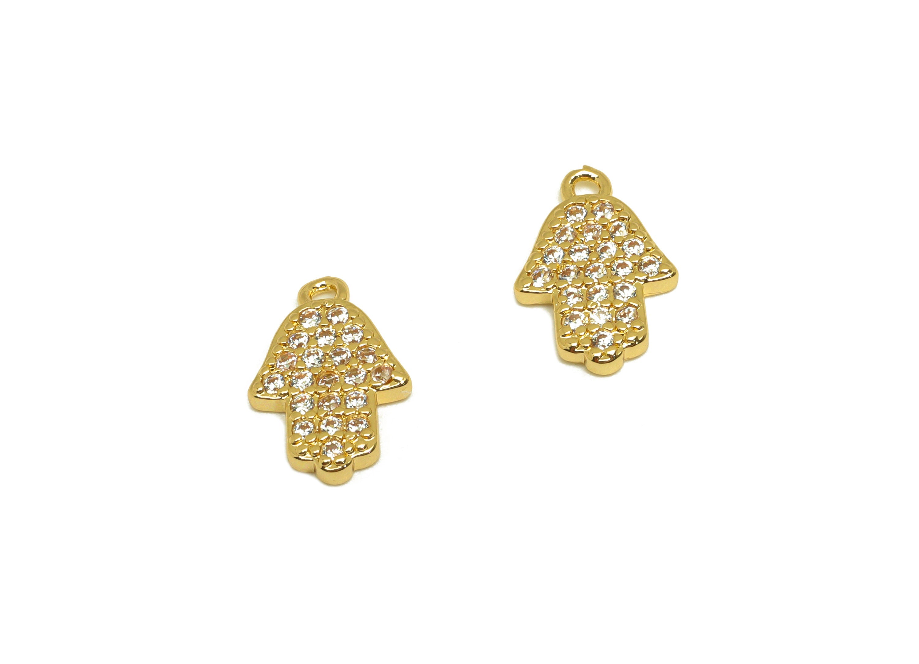 Brass CZ Hamsa Earring Charm - Brass Mini Cubic Zircon Charm - Hamsa Earring Charm - 18K Real Gold Plating - 12x8.07x1.6mm- RGP7079 - DOMEDBAZAAR