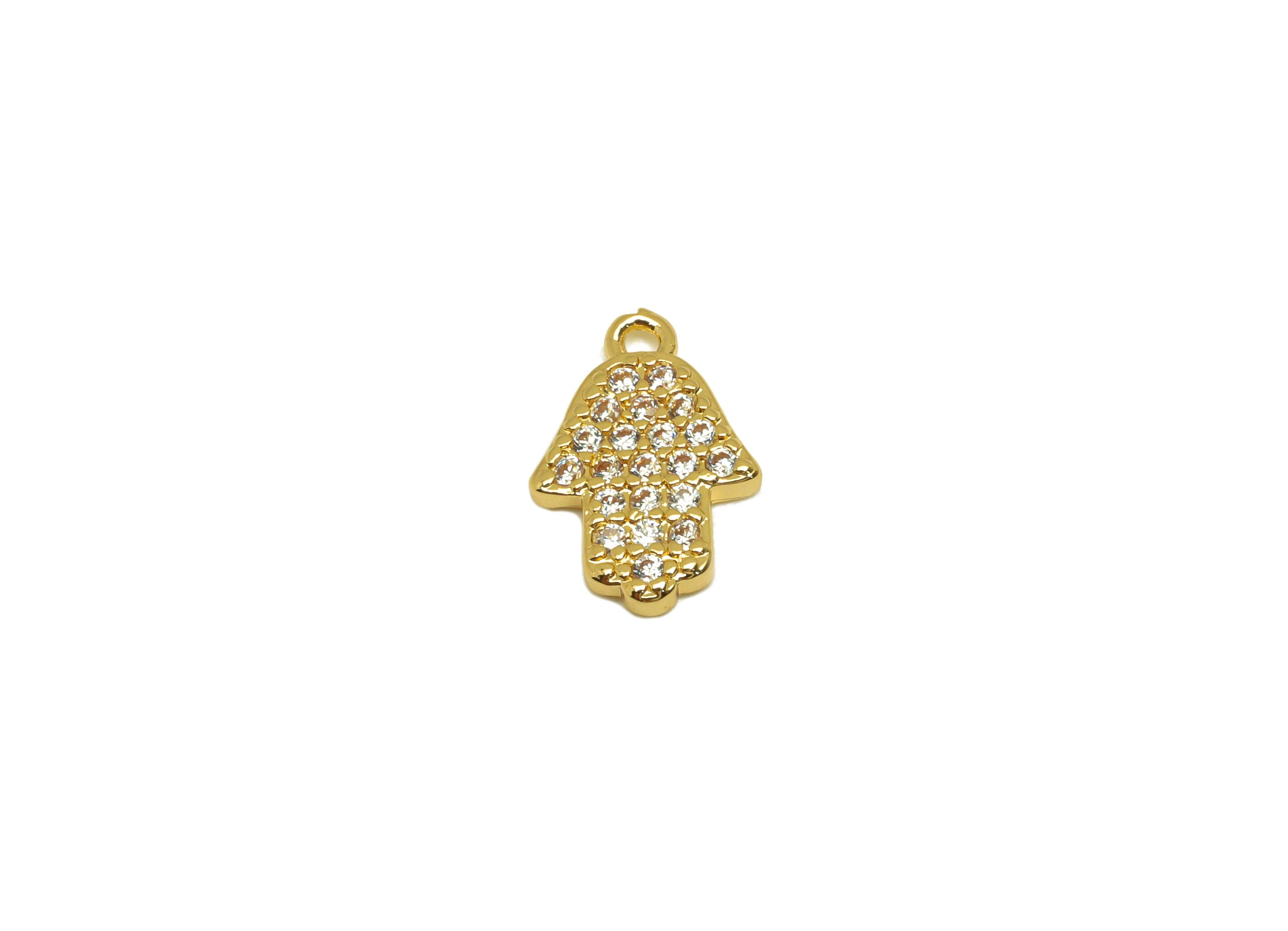 Brass CZ Hamsa Earring Charm - Brass Mini Cubic Zircon Charm - Hamsa Earring Charm - 18K Real Gold Plating - 12x8.07x1.6mm- RGP7079 - DOMEDBAZAAR