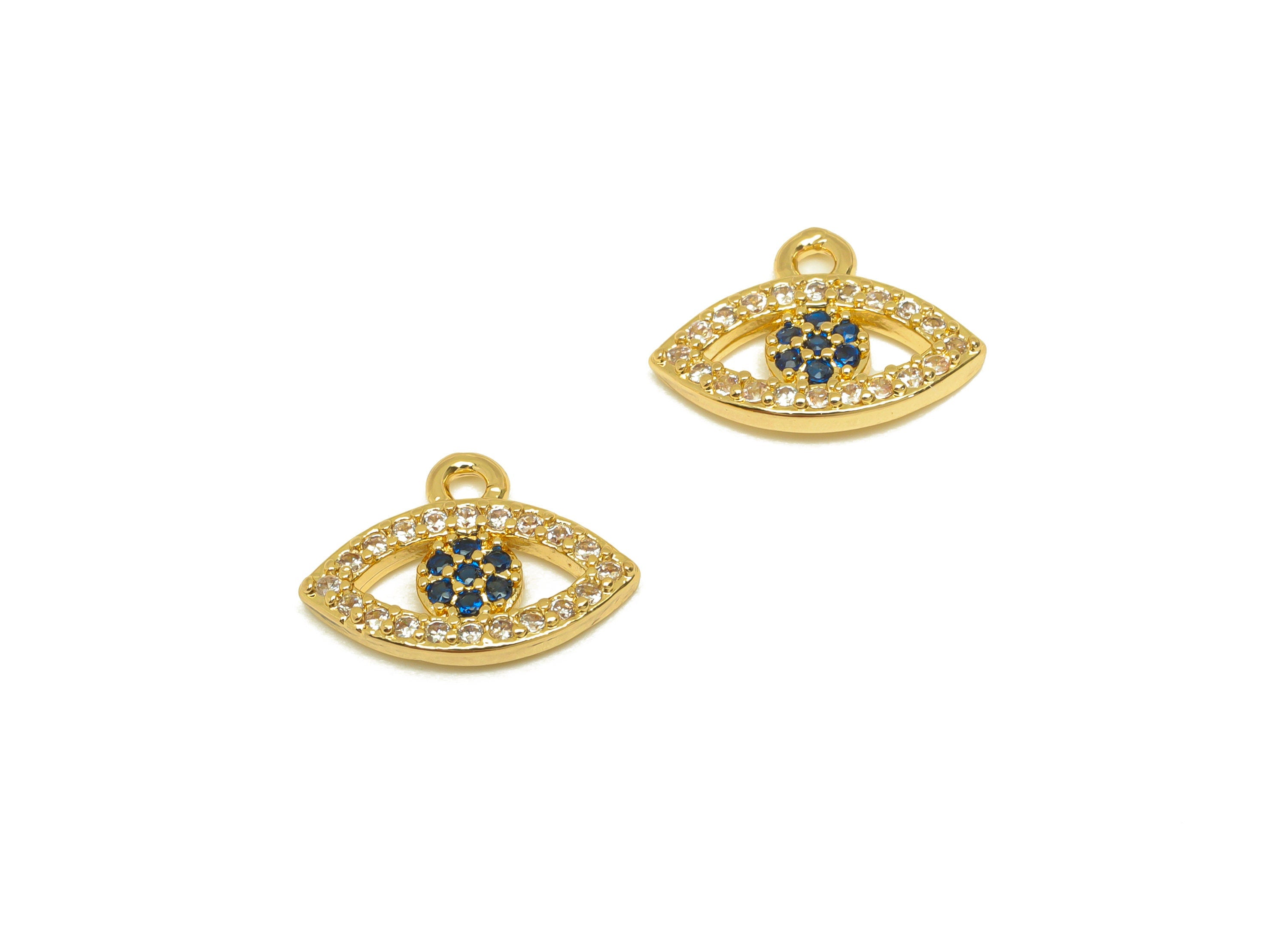 Brass CZ Eye Earring Charm - Brass Blue Eye Cubic Zircon Charm - Zircon Earring Charm - 18K Real Gold Plating - 13x9.7x1.82mm - RGP7081 - DOMEDBAZAAR