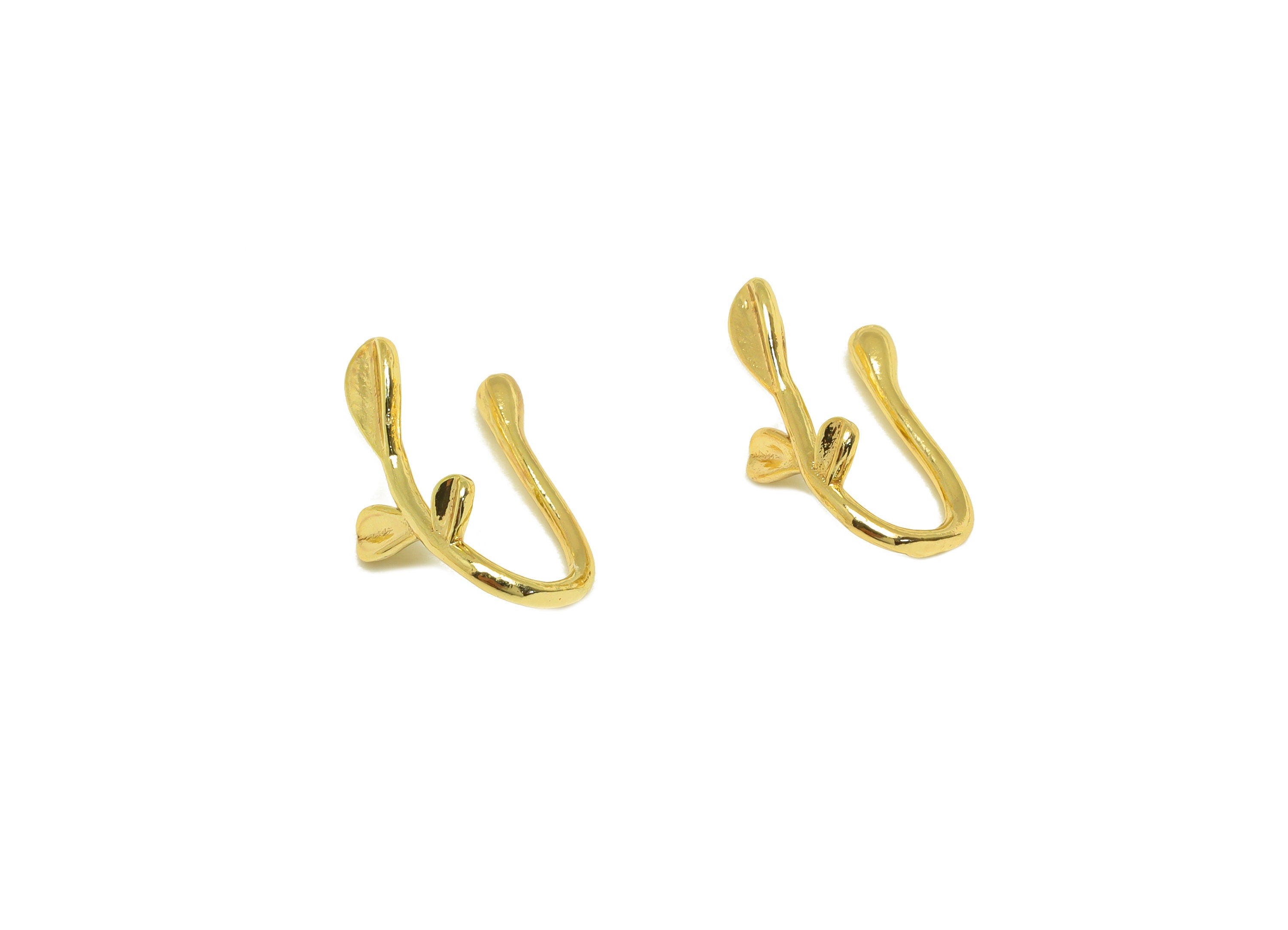 Brass Cuff Earring - Brass Mini Leaf Wire Hook Earring - Botanical Nose Clip - Cuff Earring - 18K Real Gold Plating - 14x6.7x6mm - RGP7116 - DOMEDBAZAAR