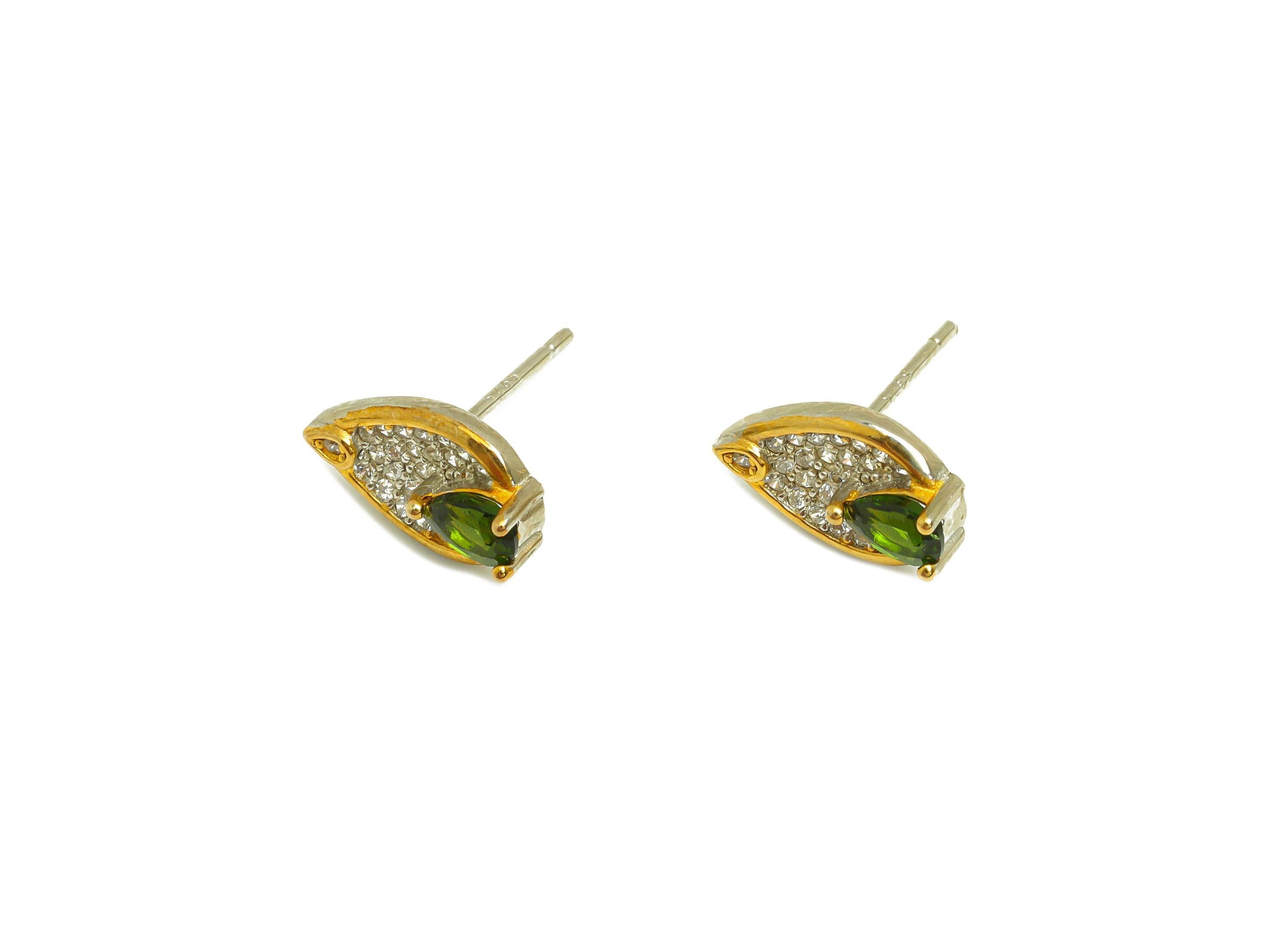 Diopside Earring Post - Silver Teardrop Diopside Earring Stud - Zircon Earring Post - 18K Real Gold Plated Silver - 13.73x7.86x3mm - RGP7365 - DOMEDBAZAAR