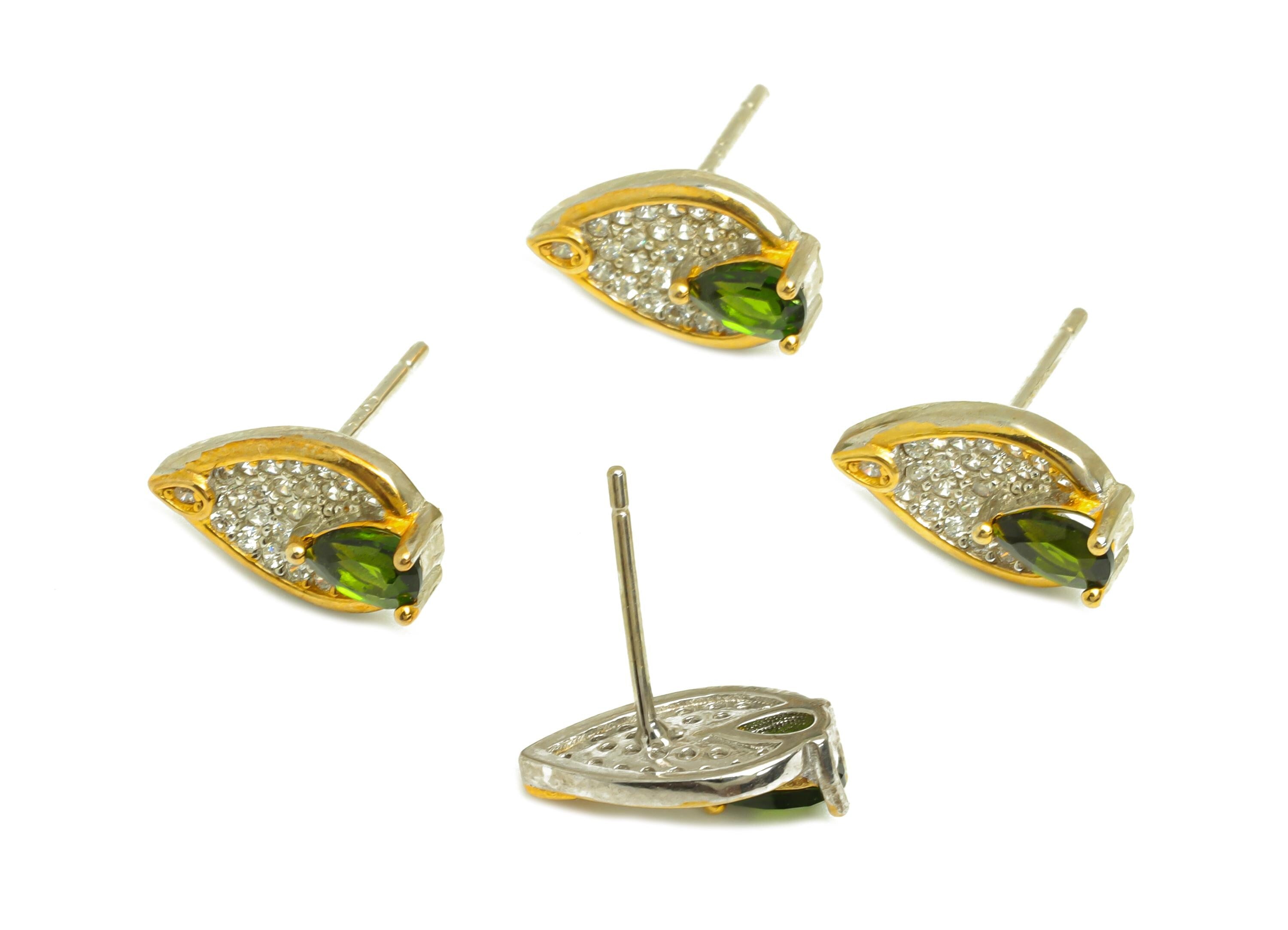 Diopside Earring Post - Silver Teardrop Diopside Earring Stud - Zircon Earring Post - 18K Real Gold Plated Silver - 13.73x7.86x3mm - RGP7365 - DOMEDBAZAAR