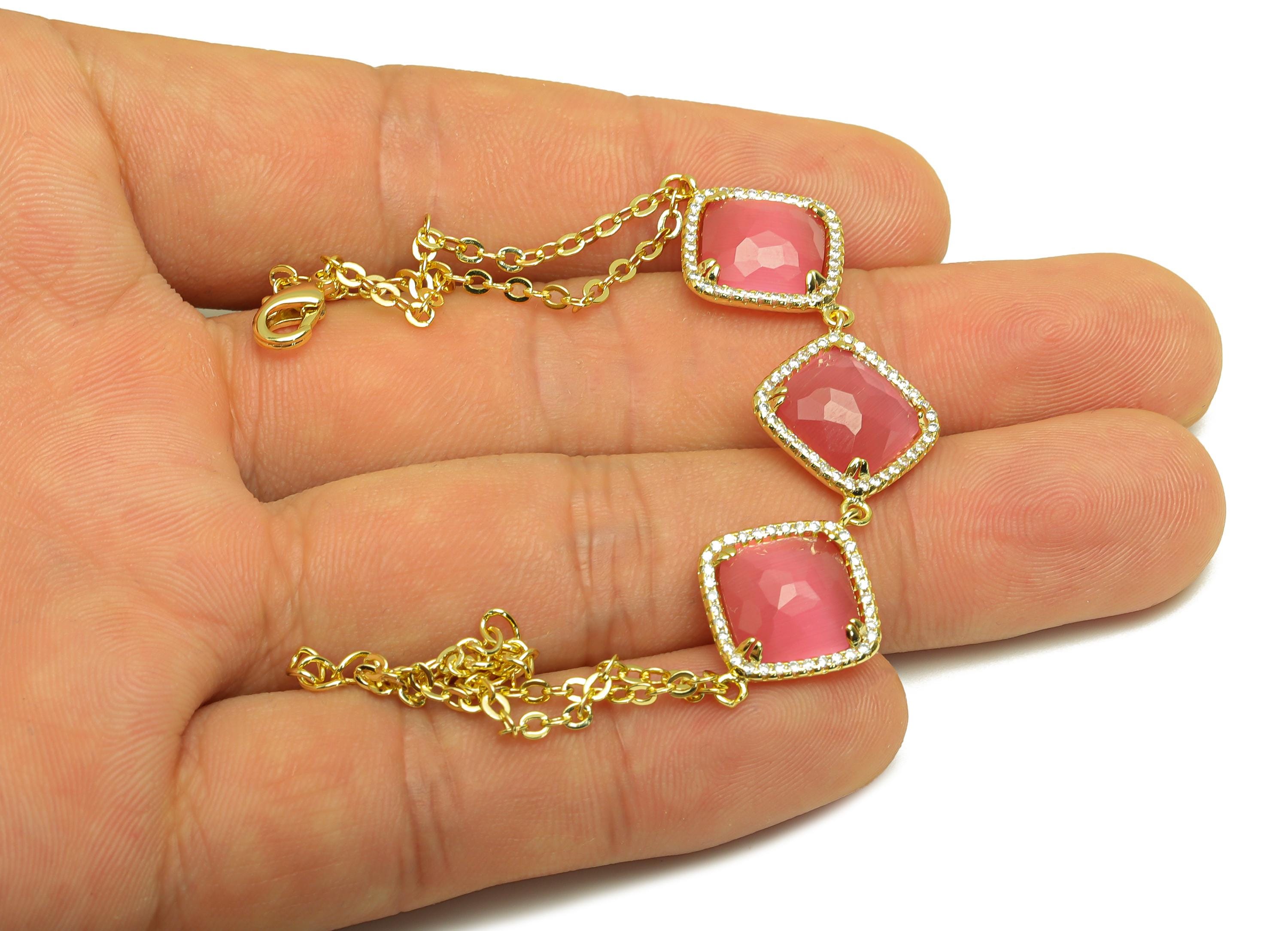 20cm Diamond Bracelet - Brass Pink Rhombic Bracelet - Cubic Zircon Diamond Bracelet - 18K Real Gold Plating - 200x15x5mm - RGP7352 - DOMEDBAZAAR