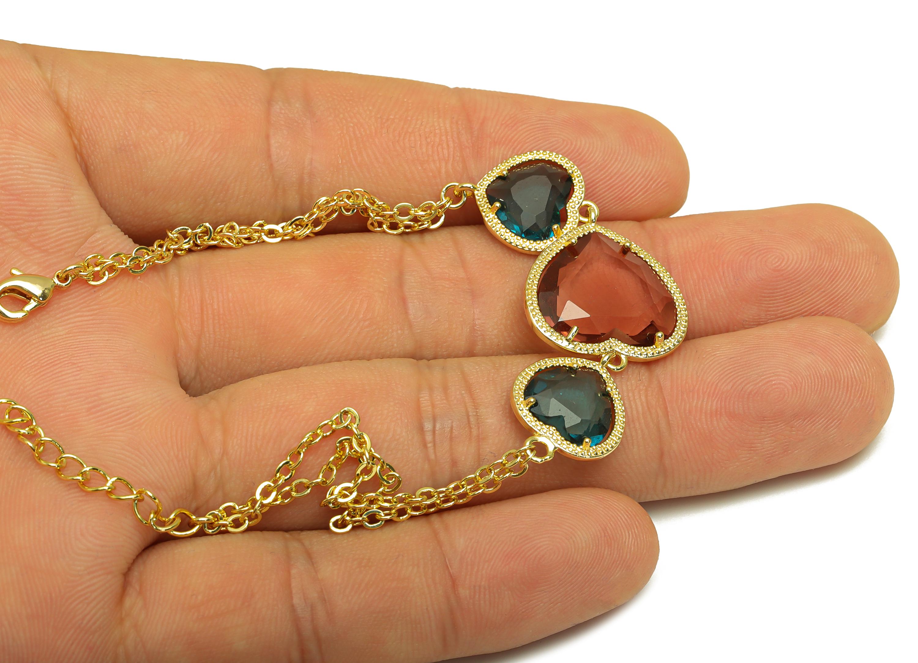 21cm Heart Bracelet - Brass Rainbow Heart Bracelet - Brass Cubic Zircon Heart Bracelet - 18K Real Gold Plating - 210x18.6x3.52mm - RGP7355F - DOMEDBAZAAR