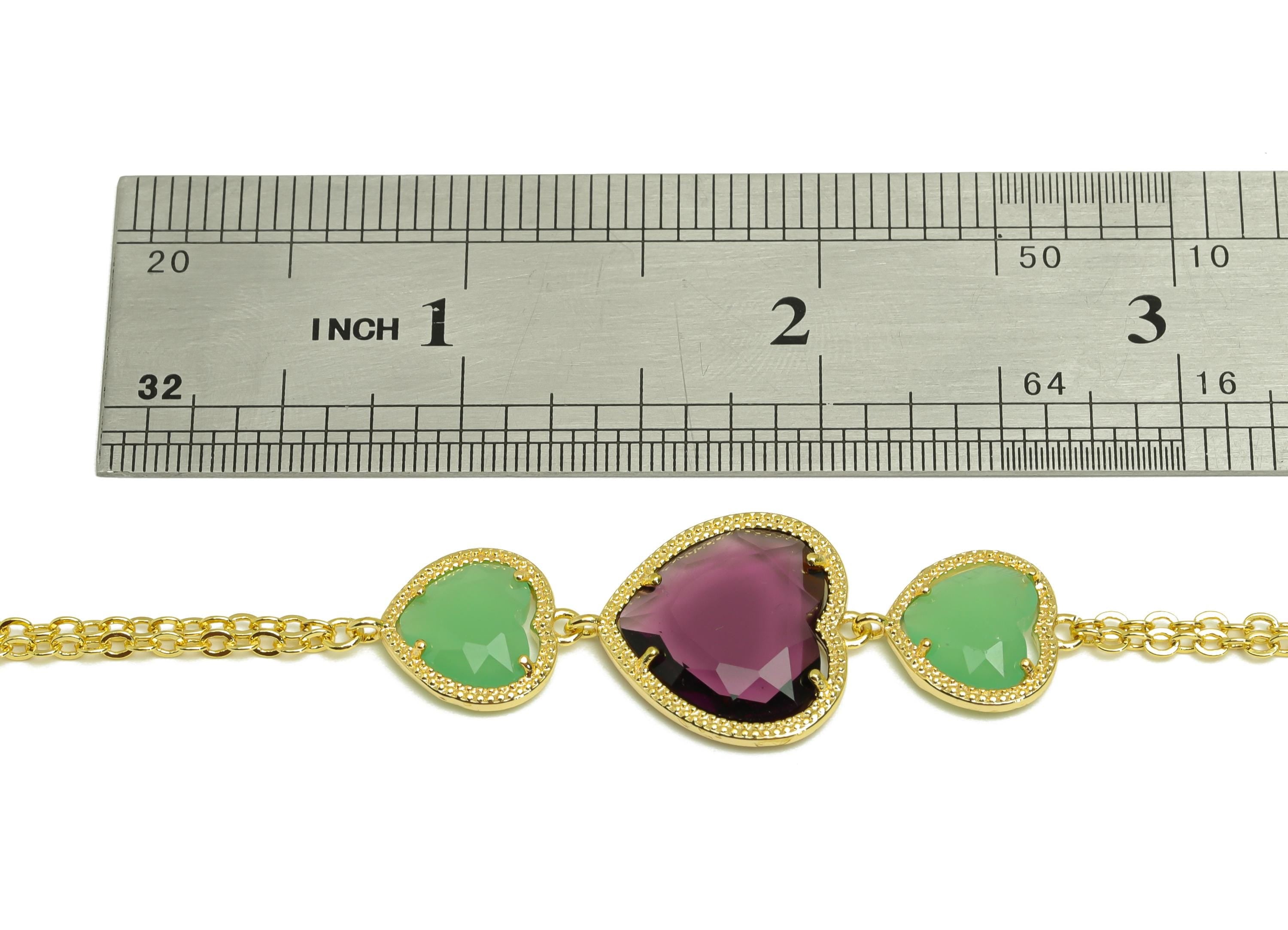 21cm Heart Bracelet - Brass Purple Heart Bracelet - Brass Green Cubic Zircon Heart Bracelet - 18K Real Gold Plating - 210x18x3mm - RGP7355C - DOMEDBAZAAR