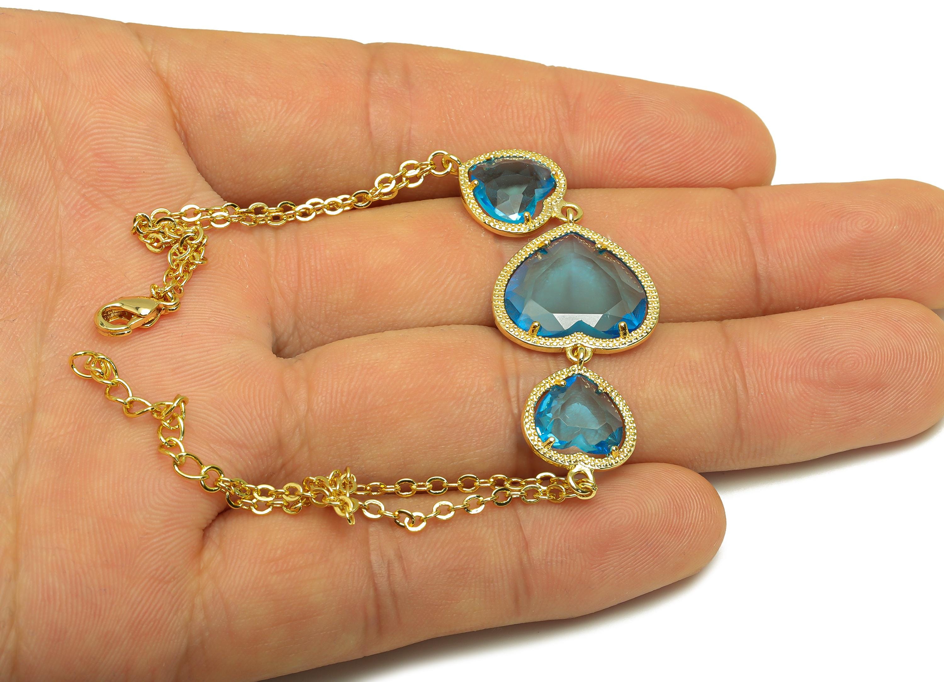 21cm Heart Bracelet - Brass Crystal Blue Heart Bracelet - Brass Cubic Zircon Heart Bracelet - 18K Real Gold Plating - 210x18x3mm - RGP7355B - DOMEDBAZAAR