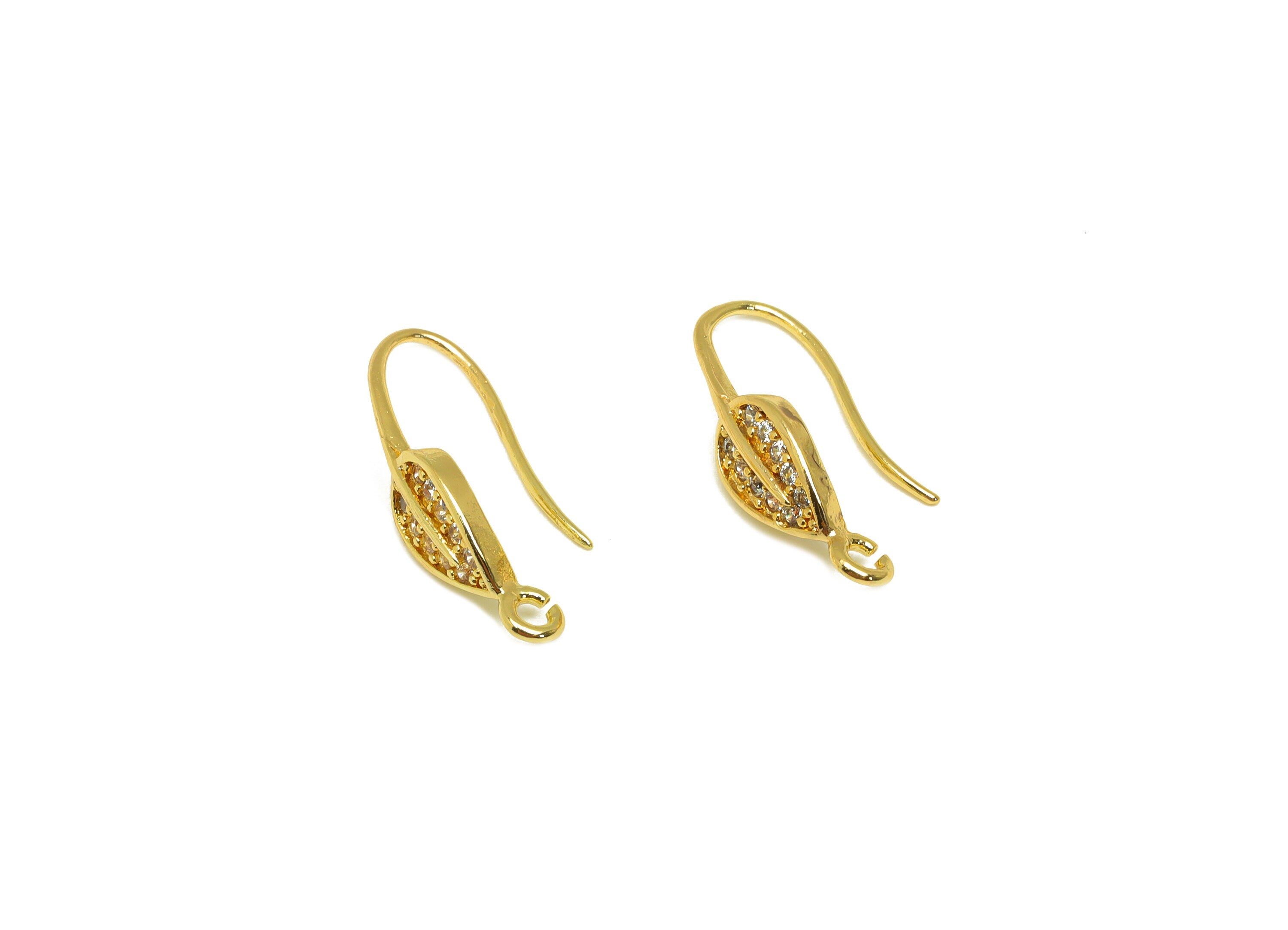 Brass Leaf CZ Earring Hook - Brass Zircon Earring Wire With Loop - Brass Earring Wire Hook - 18K Real Gold Plating - 18.14x5.1x7mm - RGP7118 - DOMEDBAZAAR