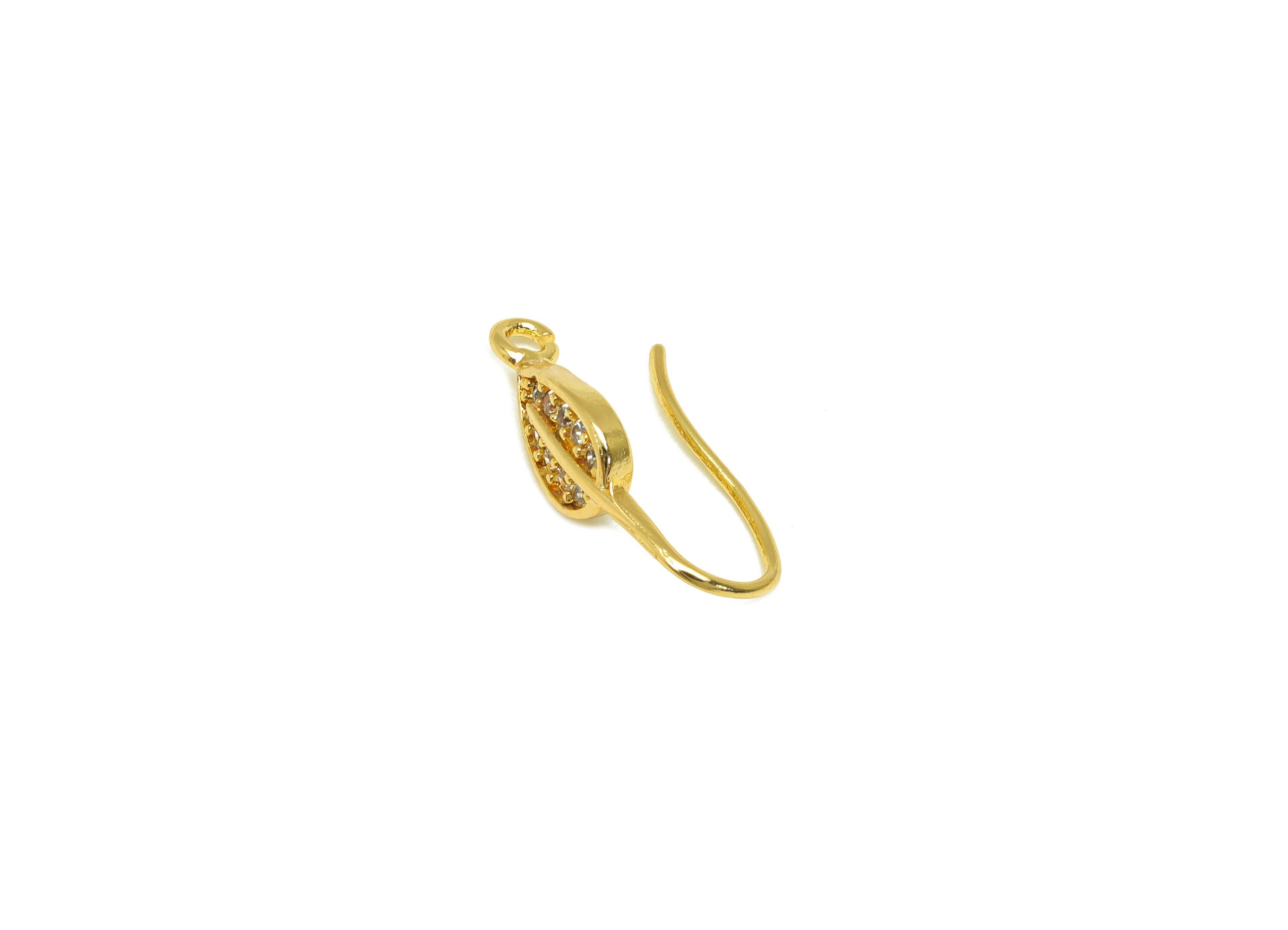 Brass Leaf CZ Earring Hook - Brass Zircon Earring Wire With Loop - Brass Earring Wire Hook - 18K Real Gold Plating - 18.14x5.1x7mm - RGP7118 - DOMEDBAZAAR