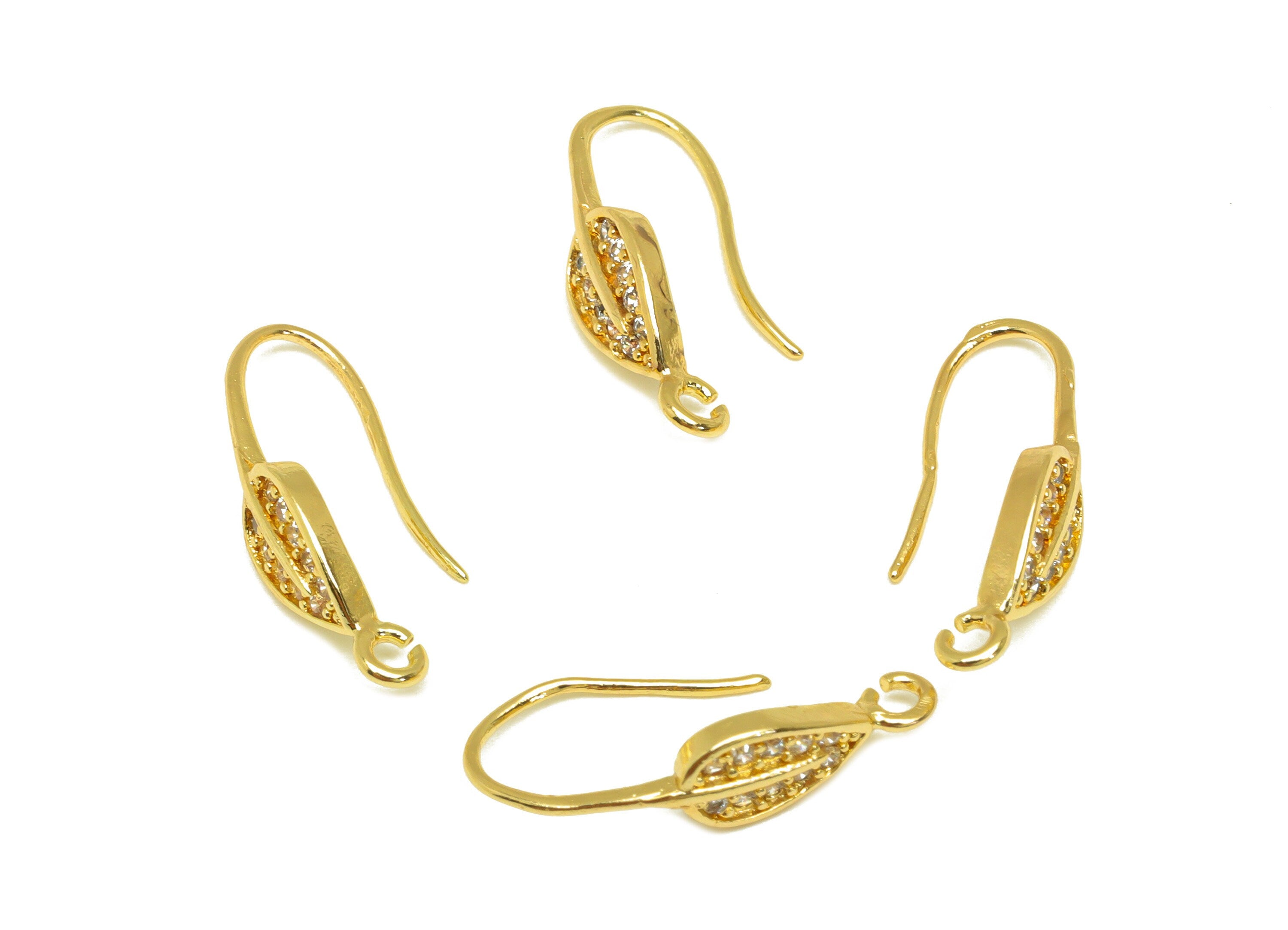 Brass Leaf CZ Earring Hook - Brass Zircon Earring Wire With Loop - Brass Earring Wire Hook - 18K Real Gold Plating - 18.14x5.1x7mm - RGP7118 - DOMEDBAZAAR