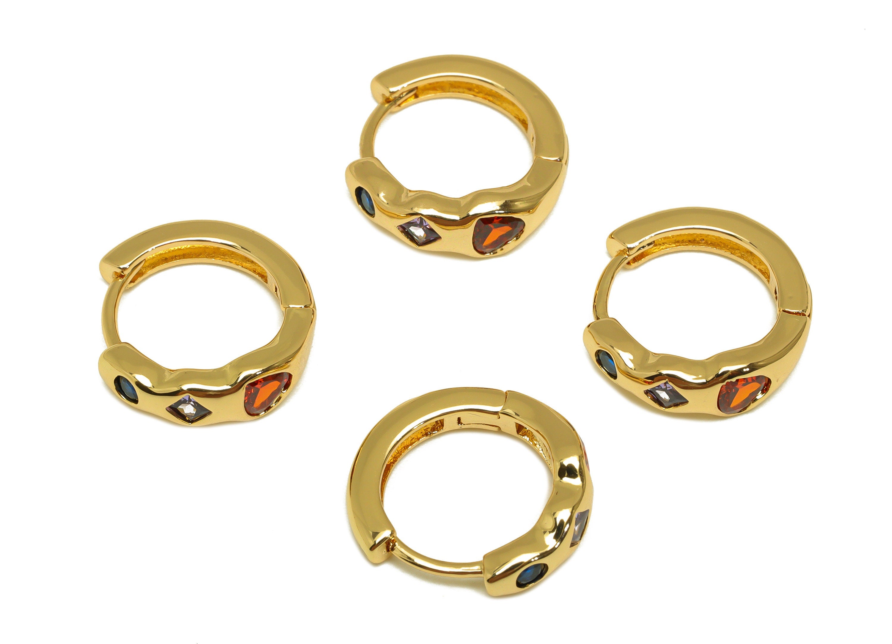 Brass Heart Hoop Earring - Brass Geometry Zircon Huggie Hoop - Brass Rainbow CZ Hoop - 18K Real Gold Plating - 14.6x13.7x4.28mm - RGP7133 - DOMEDBAZAAR