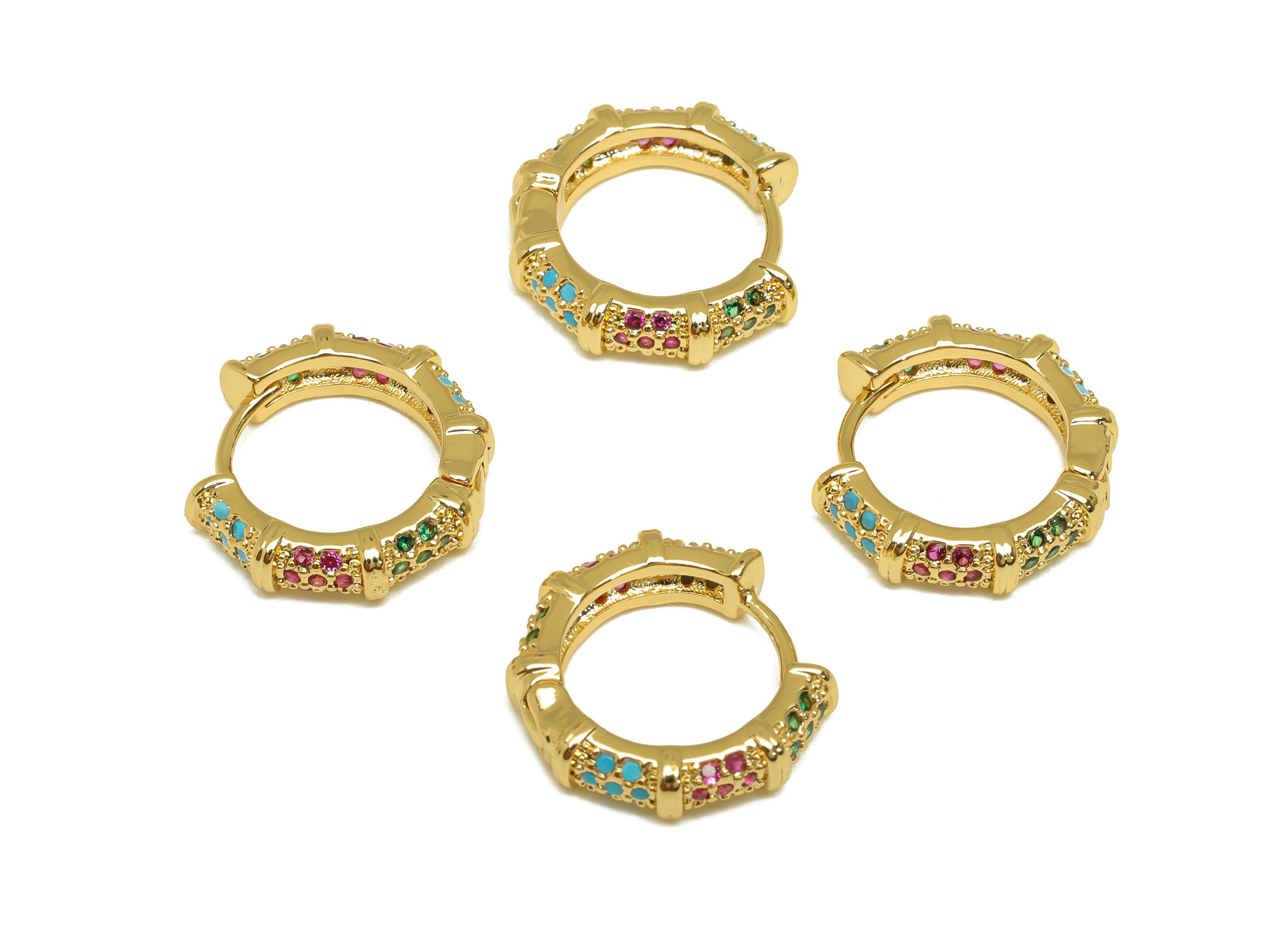 Brass Round Hoop Earring - Brass Textured Zircon Huggie Hoop - Brass Rainbow Clasp - 18K Real Gold Plating - 14.31x13.36x3.66mm - RGP7124 - DOMEDBAZAAR