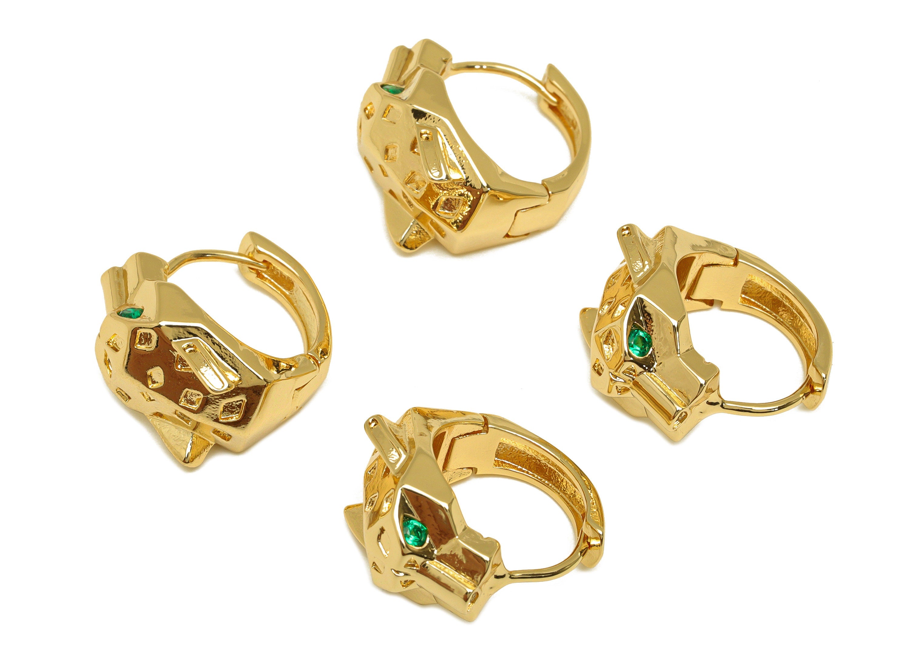 Brass Leopard Hoop Earring - Brass Wolf Zircon Huggie Hoop - Brass Green Animal Clasp - 18K Real Gold Plating - 18.43x17x11mm - RGP7132 - DOMEDBAZAAR
