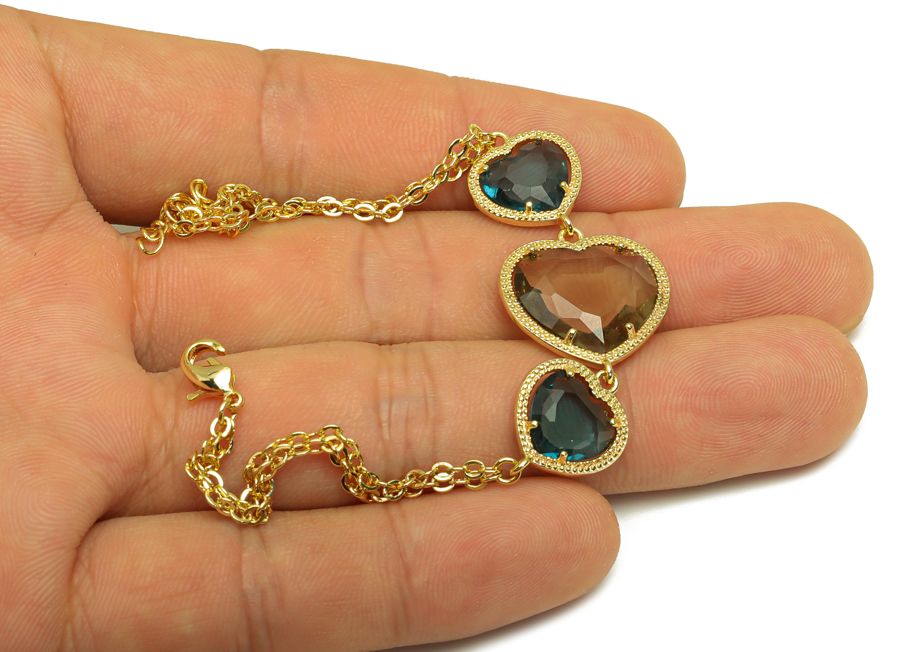21cm Heart Bracelet - Brass Crystal Gray Heart Bracelet - Brass Cubic Zircon Heart Bracelet - 18K Real Gold Plating - 210x18x3mm - RGP7355H - DOMEDBAZAAR