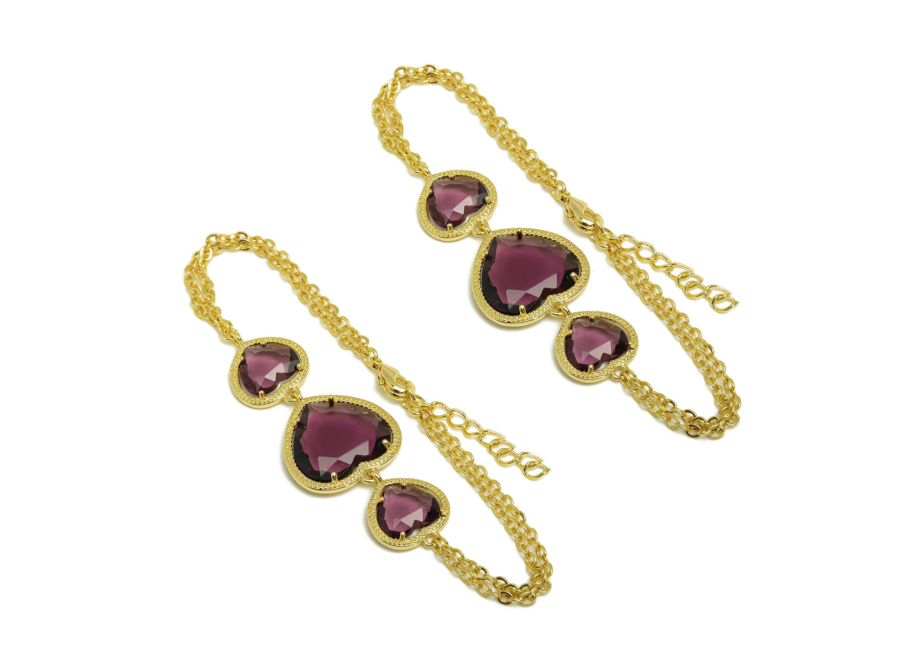 21cm Heart Bracelet - Brass Crystal Red Heart Bracelet - Brass Cubic Zircon Heart Bracelet - 18K Real Gold Plating - 210x18x3mm - RGP7355D - DOMEDBAZAAR