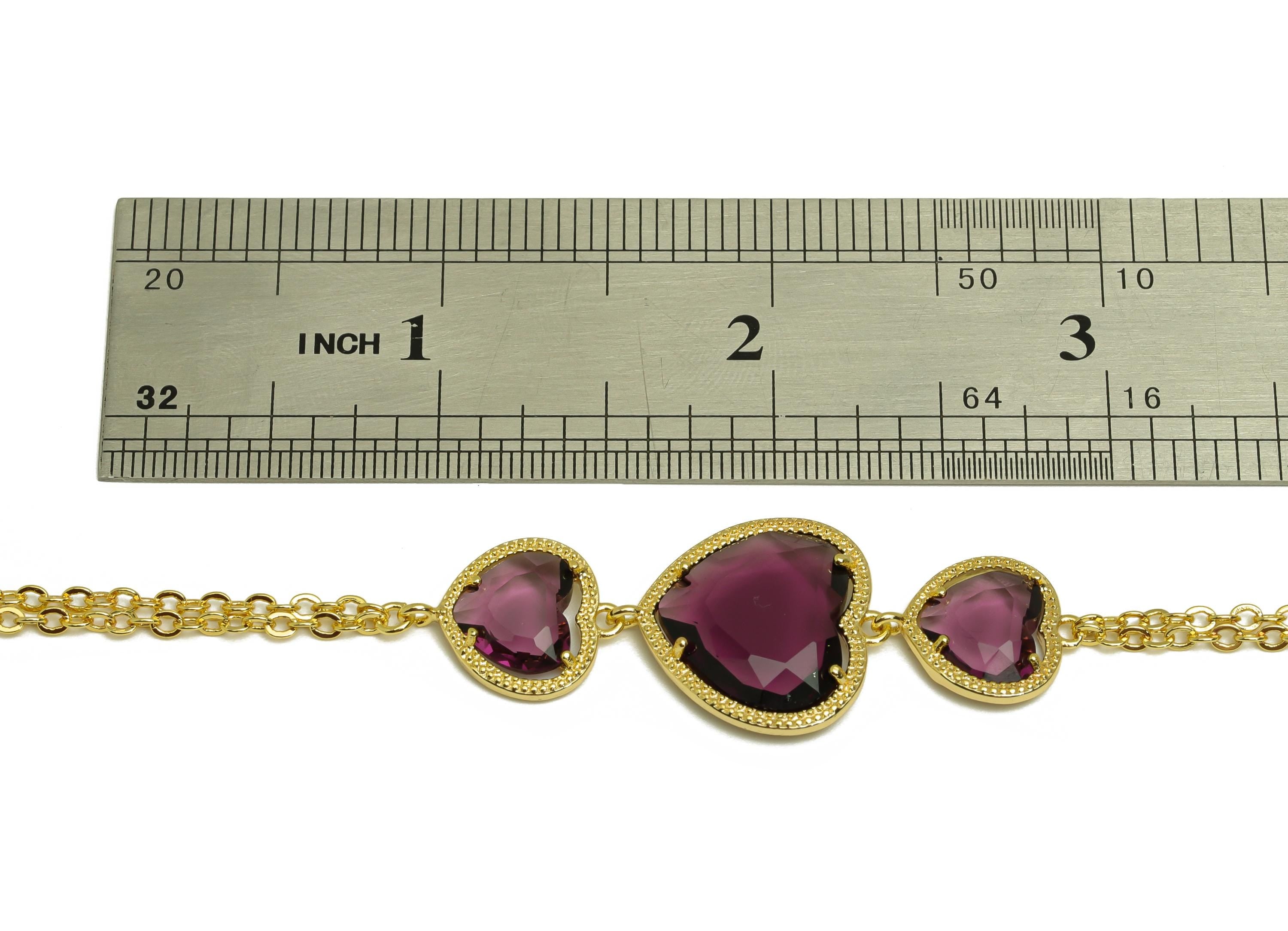 21cm Heart Bracelet - Brass Crystal Red Heart Bracelet - Brass Cubic Zircon Heart Bracelet - 18K Real Gold Plating - 210x18x3mm - RGP7355D - DOMEDBAZAAR