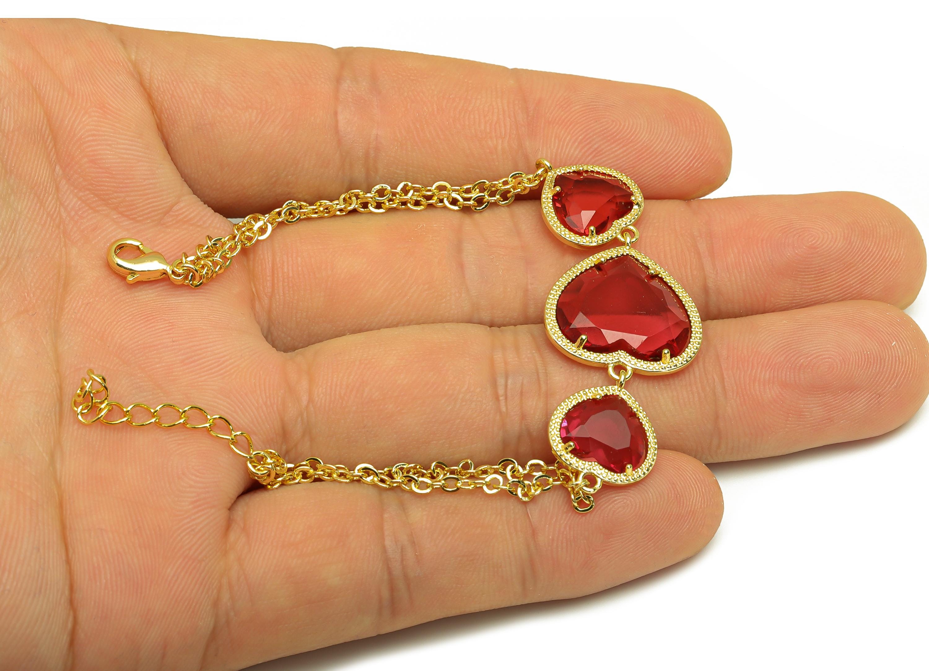 21cm Heart Bracelet - Brass Crystal Red Heart Bracelet - Brass Cubic Zircon Heart Bracelet - 18K Real Gold Plating - 210x18x3mm - RGP7355J - DOMEDBAZAAR
