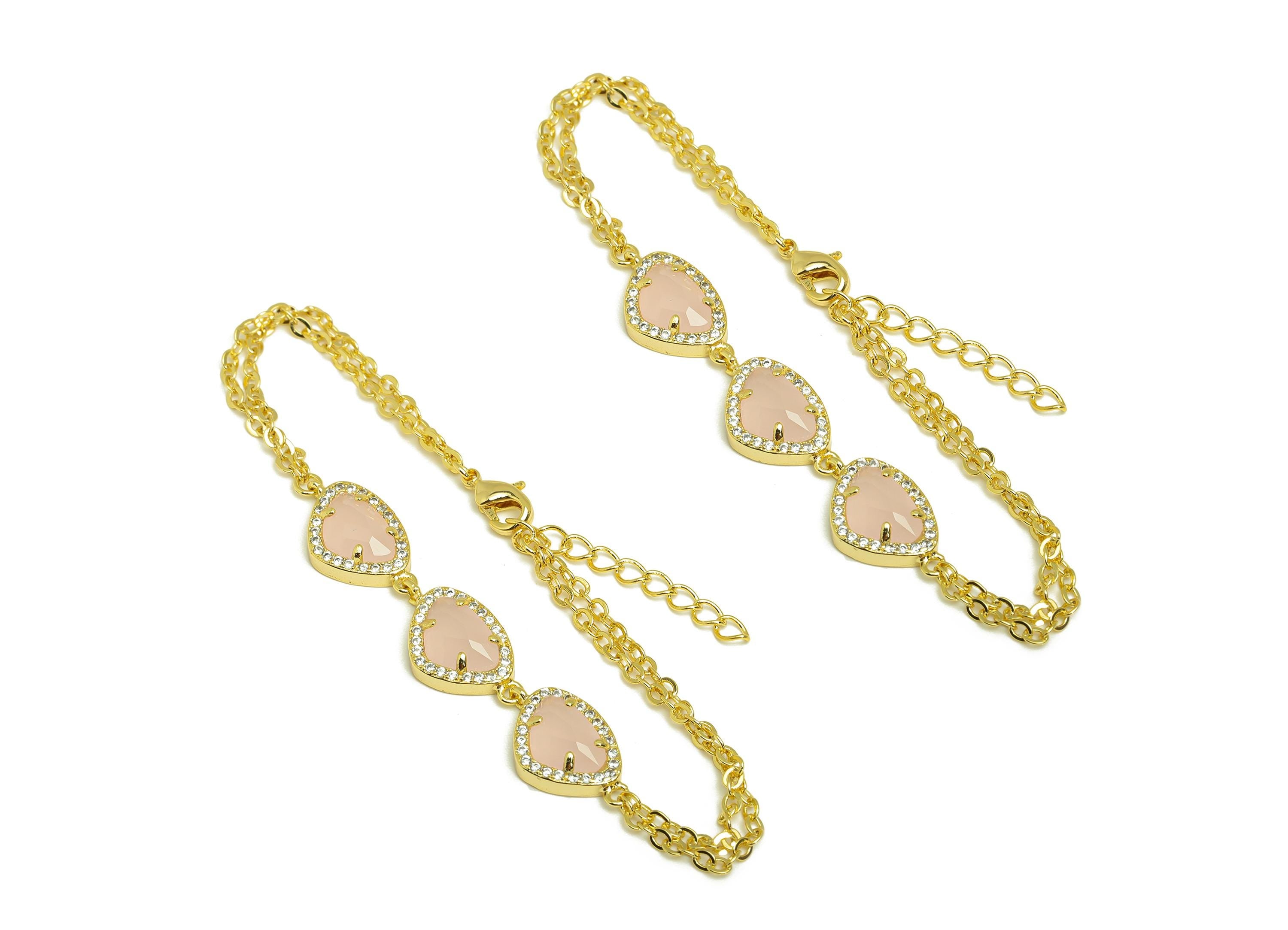 25cm CZ Geometry Bracelet - Brass Pink Bracelet - Brass Cubic Zircon Pink Bracelet - 18K Real Gold Plating - 200x11.03x1.72mm - RGP7351 - DOMEDBAZAAR