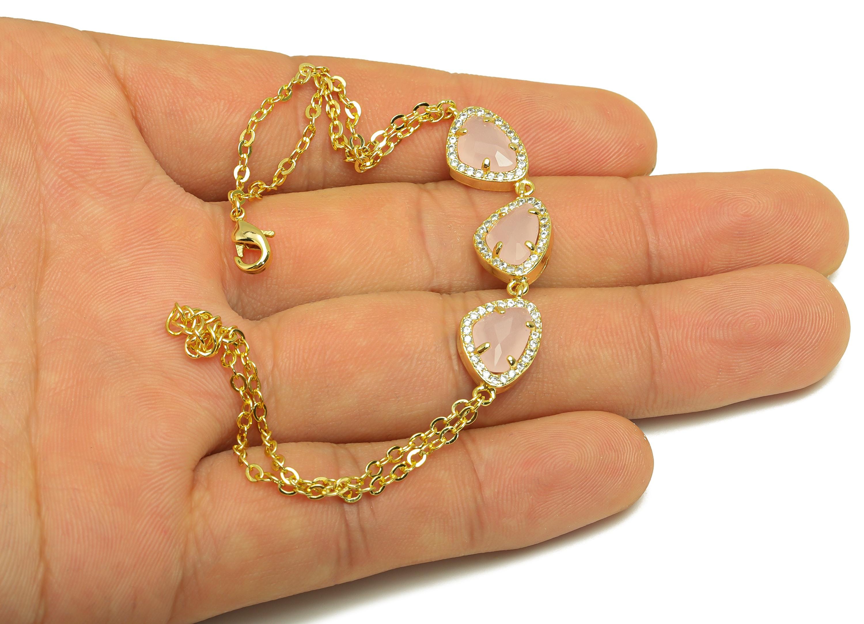25cm CZ Geometry Bracelet - Brass Pink Bracelet - Brass Cubic Zircon Pink Bracelet - 18K Real Gold Plating - 200x11.03x1.72mm - RGP7351 - DOMEDBAZAAR