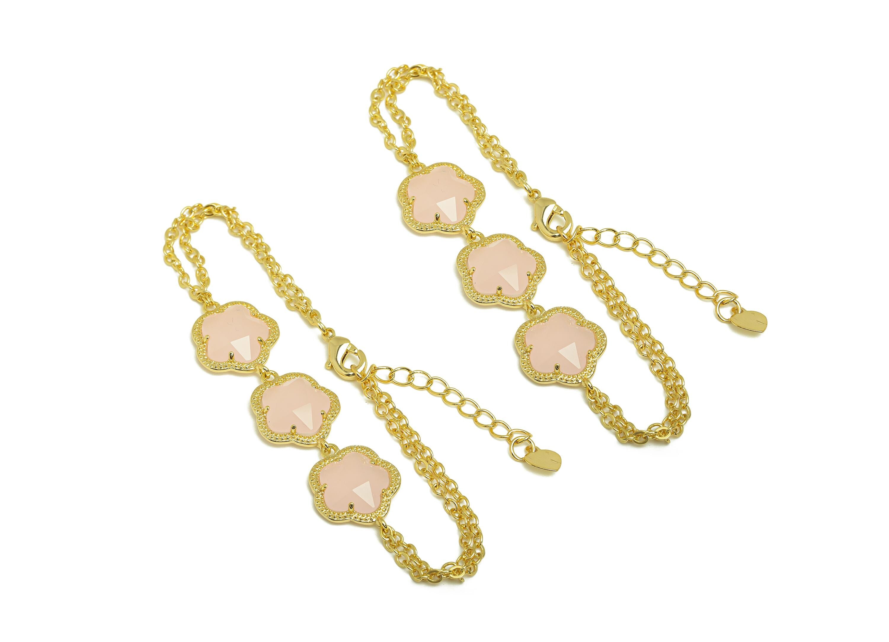 25cm CZ Flower Bracelet - Brass Pink Bracelet - Brass Cubic Zircon Pink Flower Bracelet - 18K Real Gold Plating - 200x11.03x1.72mm - RGP7353 - DOMEDBAZAAR