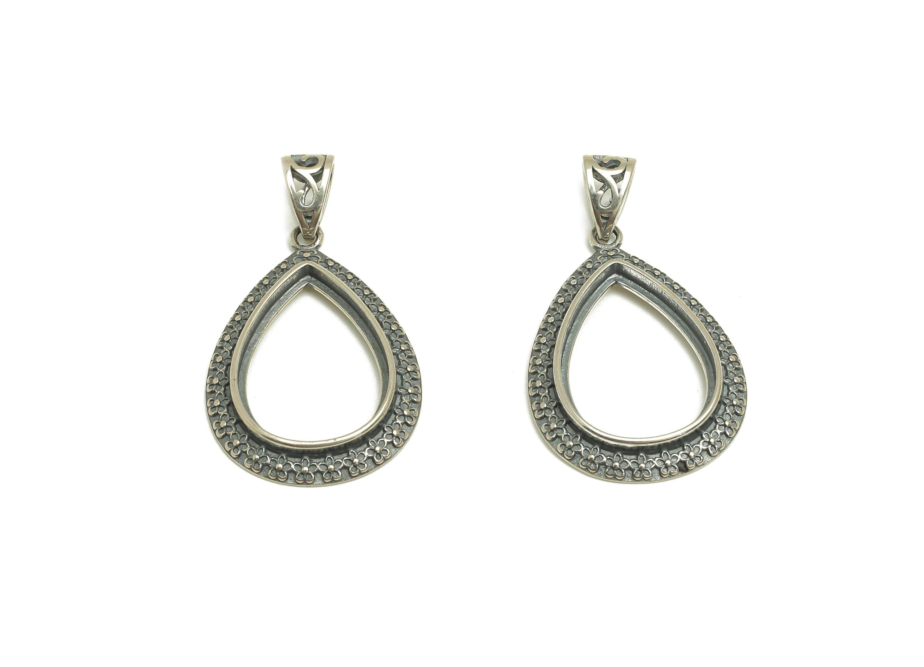 13x18mm Drop Pendant Setting - Textured Teardrop Pendant Blank - Teardrop Vintage Flower Pendant Setting - 925 Silver Sterling - RGP7454 - DOMEDBAZAAR