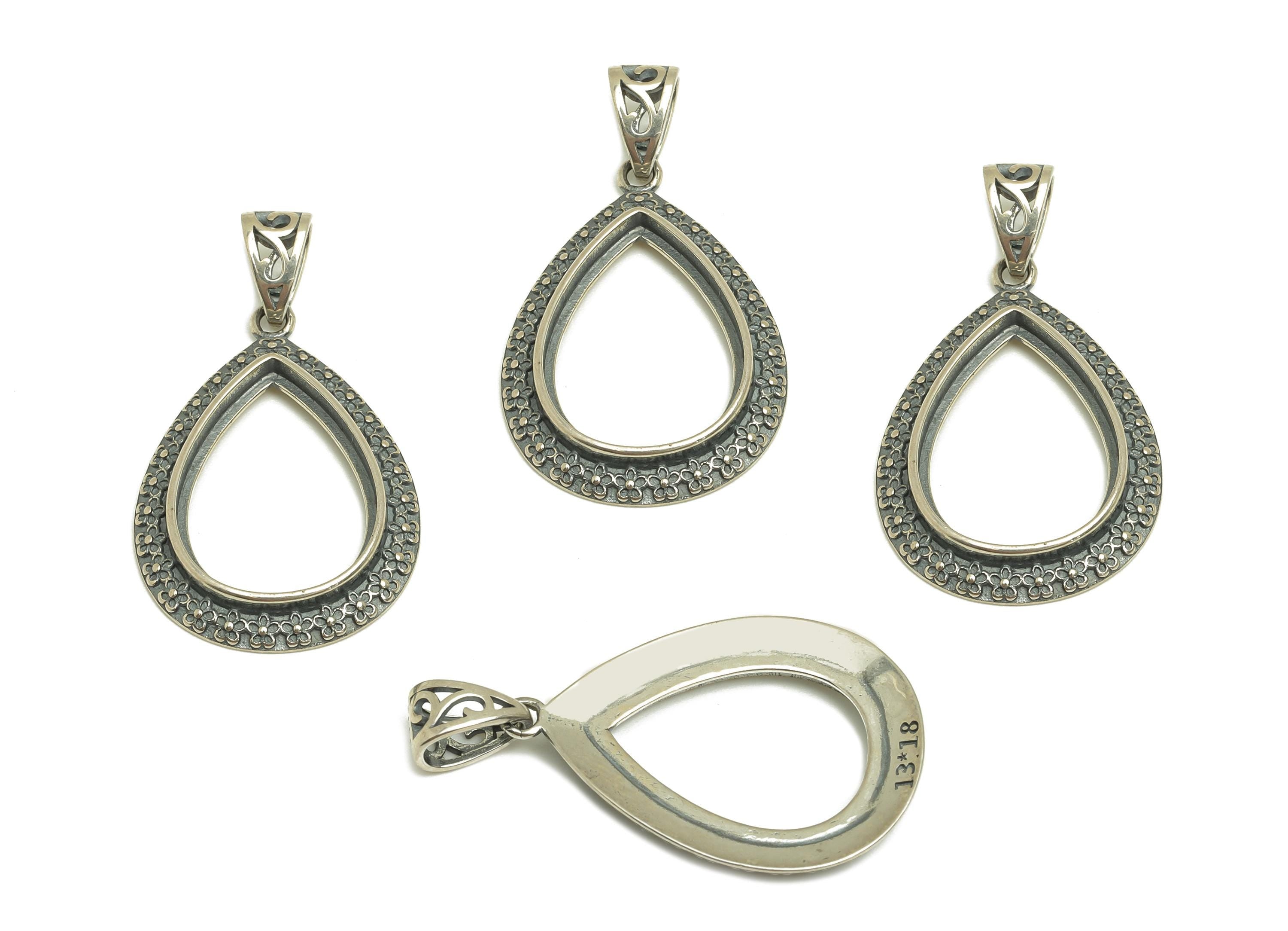 13x18mm Drop Pendant Setting - Textured Teardrop Pendant Blank - Teardrop Vintage Flower Pendant Setting - 925 Silver Sterling - RGP7454 - DOMEDBAZAAR