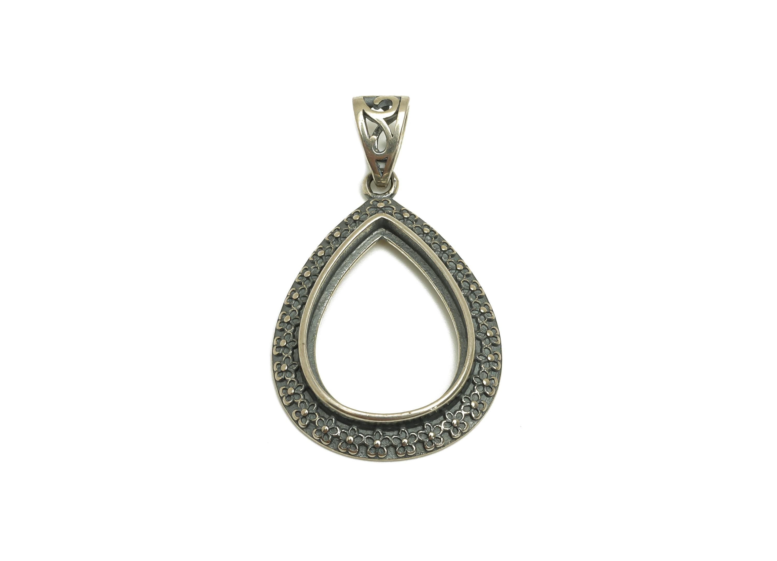 13x18mm Drop Pendant Setting - Textured Teardrop Pendant Blank - Teardrop Vintage Flower Pendant Setting - 925 Silver Sterling - RGP7454 - DOMEDBAZAAR