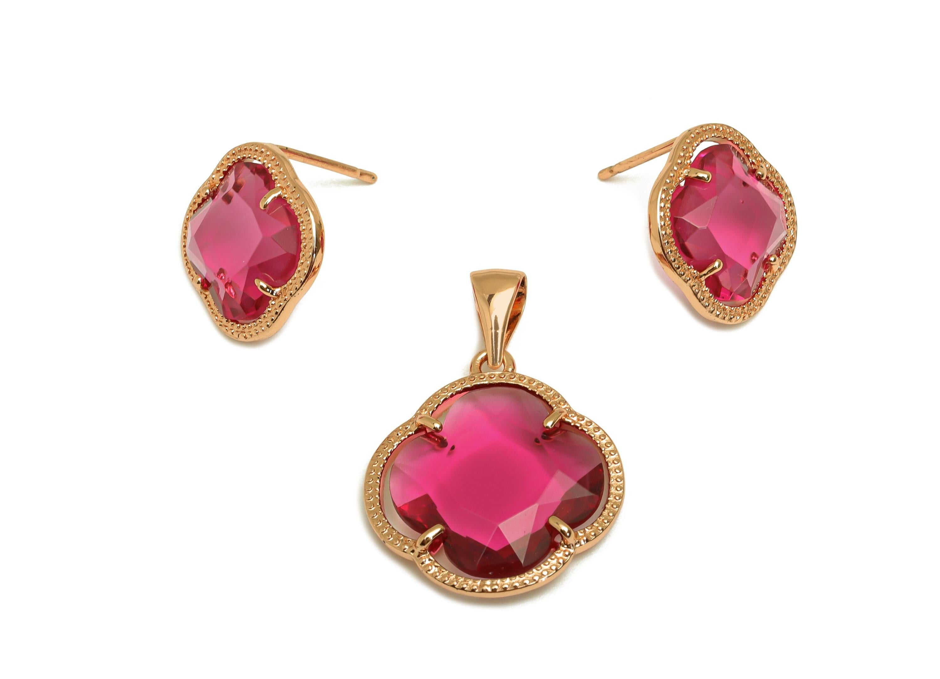 Brass CZ Flower Set - Brass Pink Flower Pendant - Brass Cubic Zircon Pink Earring Post - 18K Real Gold Plating - 15.01x15x0.83mm - RGP7348A - DOMEDBAZAAR