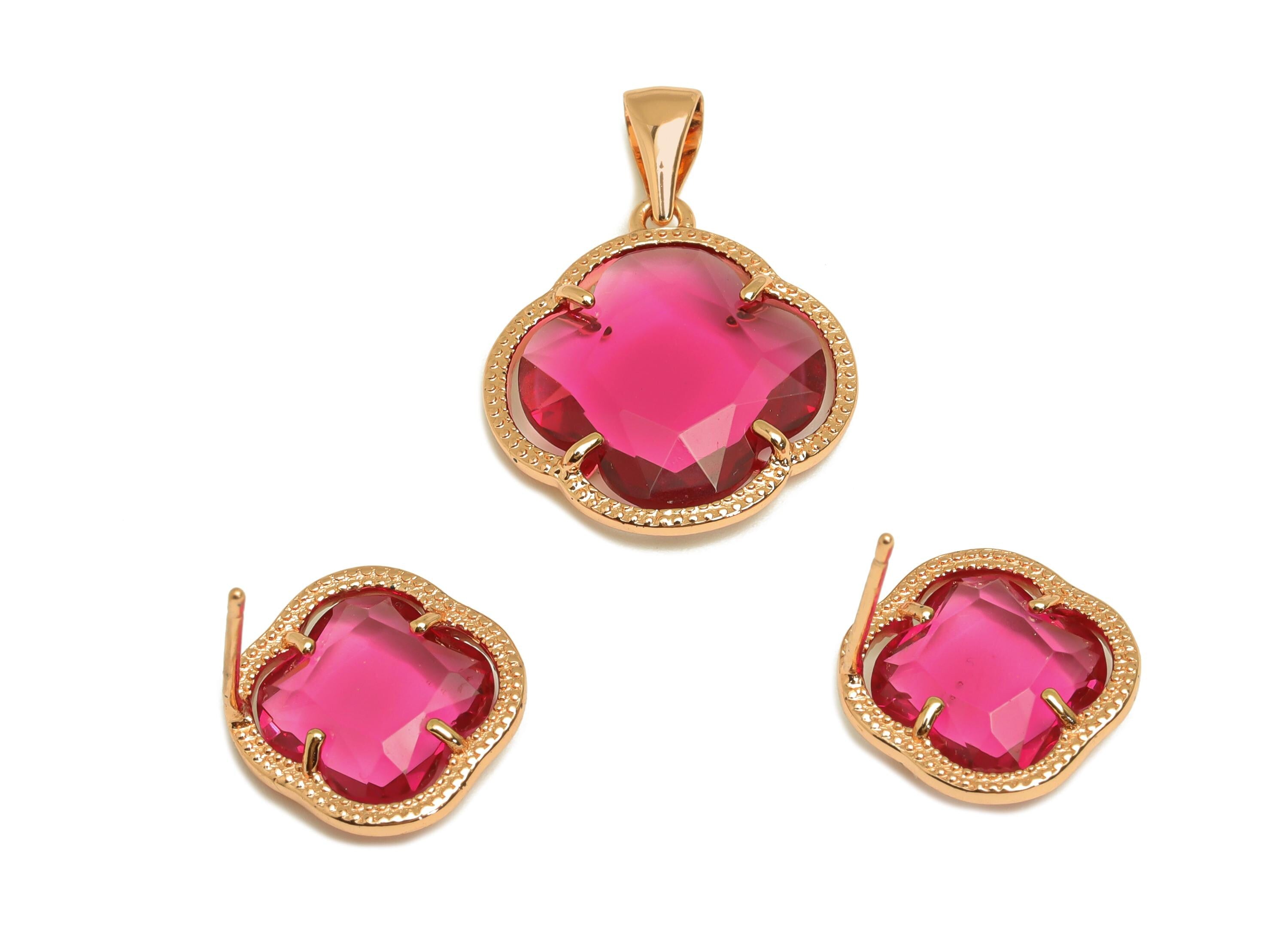 Brass CZ Flower Set - Brass Pink Flower Pendant - Brass Cubic Zircon Pink Earring Post - 18K Real Gold Plating - 15.01x15x0.83mm - RGP7348A - DOMEDBAZAAR