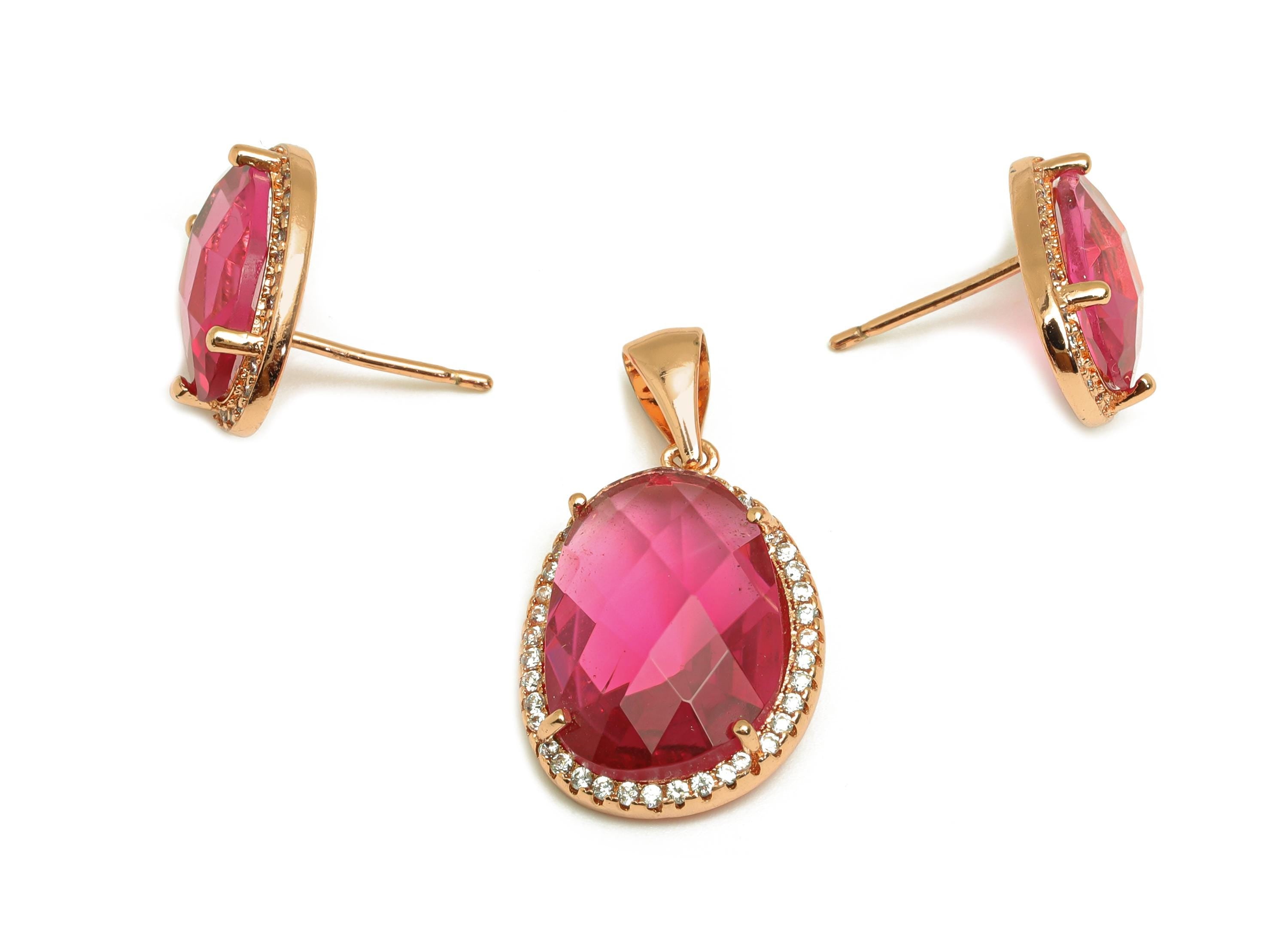 Brass CZ Oval Set - Brass Pink Oval Pendant - Brass Cubic Zircon Geometry Earring Post - 18K Real Gold Plating - 16.17x11x0.83mm - RGP7348B - DOMEDBAZAAR