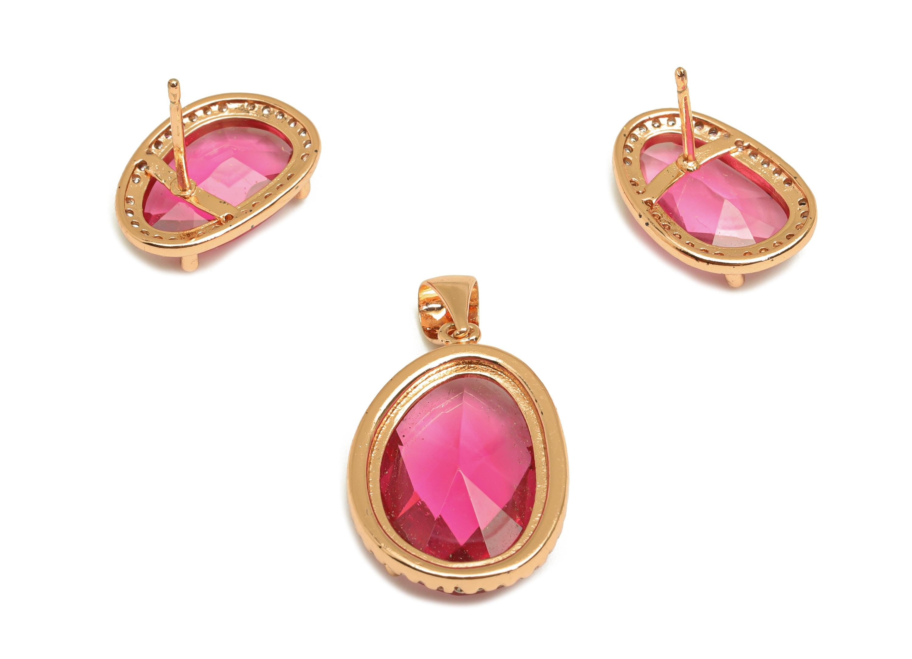 Brass CZ Oval Set - Brass Pink Oval Pendant - Brass Cubic Zircon Geometry Earring Post - 18K Real Gold Plating - 16.17x11x0.83mm - RGP7348B - DOMEDBAZAAR