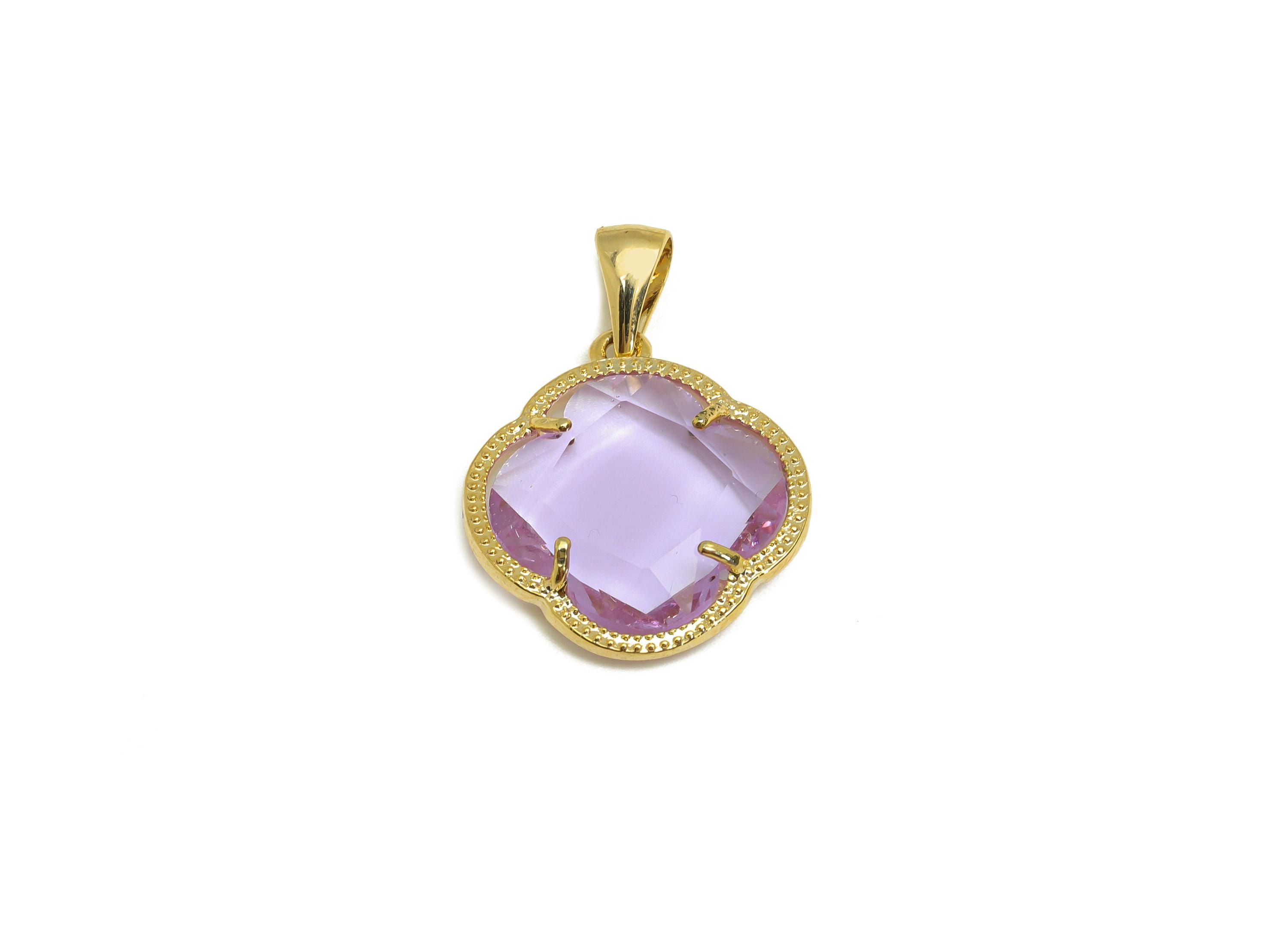 Brass CZ Flower Set - Brass Purple Flower Pendant - Brass Cubic Zircon Earring Post - 18K Real Gold Plating - 27.44x18.95x4.2mm - RGP7347A - DOMEDBAZAAR