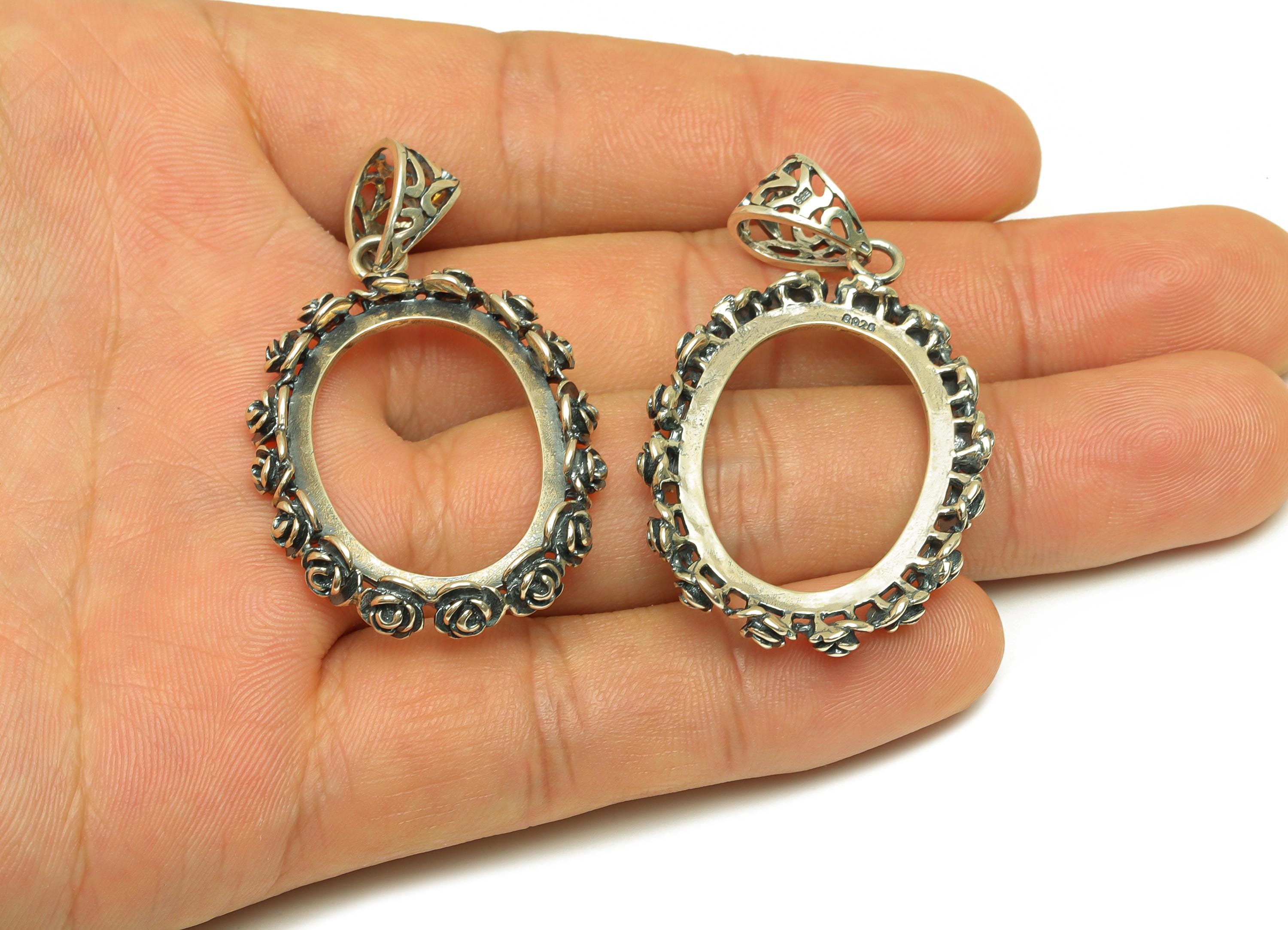 22x30mm Oval Pendant Setting - Textured Rose Pendant Blank - Silver Blank Pendant - Vintage Flower Pendant - 925 Silver Sterling - RGP7457 - DOMEDBAZAAR