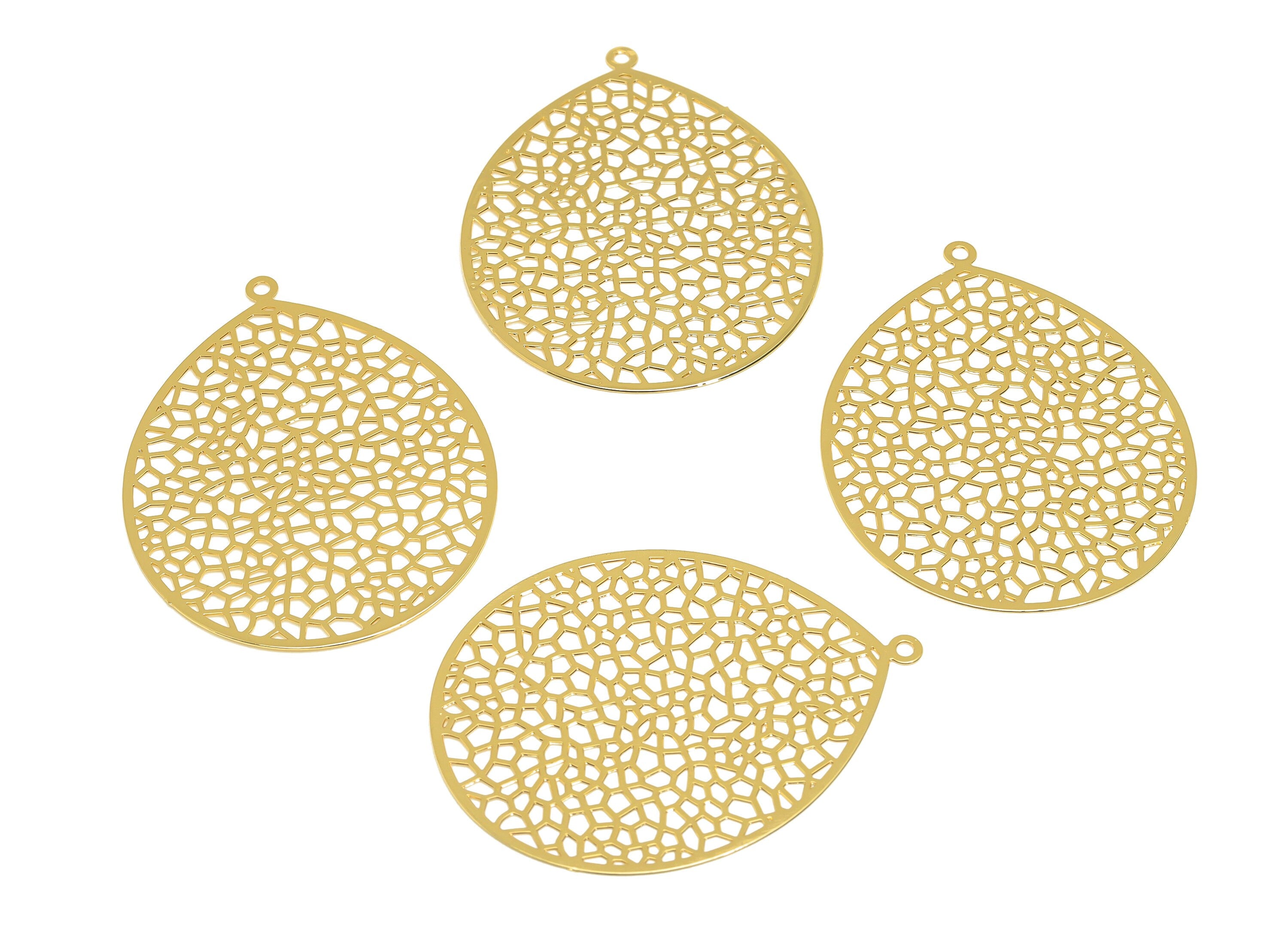 Brass Teardrop Charm - Brass Hollow Textured Earring Charm - Brass Drop Pendant - 18K Real Gold Plating - 46.27x36.41x0.29mm - RGP7160 - DOMEDBAZAAR