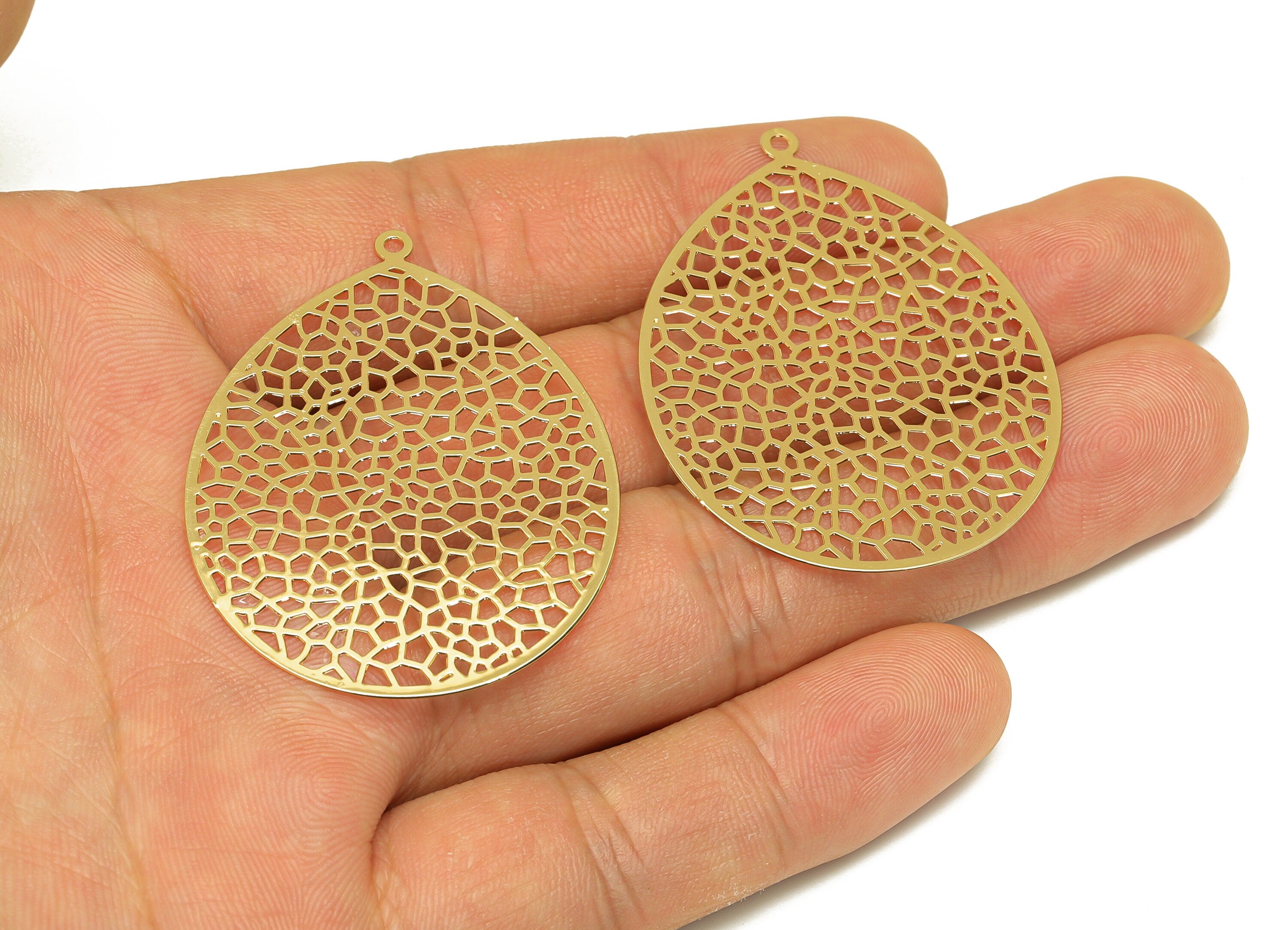 Brass Teardrop Charm - Brass Hollow Textured Earring Charm - Brass Drop Pendant - 18K Real Gold Plating - 46.27x36.41x0.29mm - RGP7160 - DOMEDBAZAAR