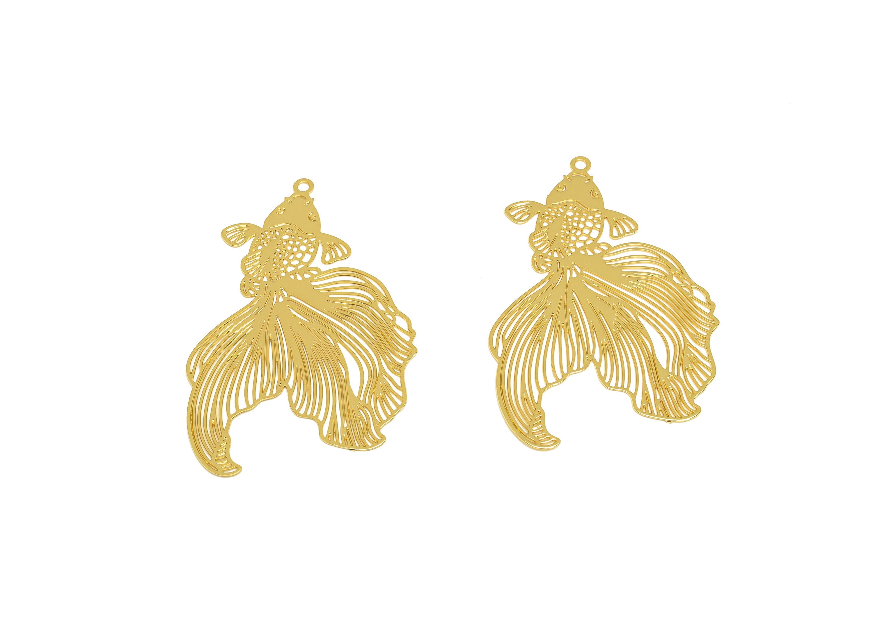 Brass Fish Earring Charm - Brass Hollow Fish Earring Charm - Brass Goldfish Pendant - 18K Real Gold Plating - 49.11x 30.23x0.31mm - RGP7147 - DOMEDBAZAAR