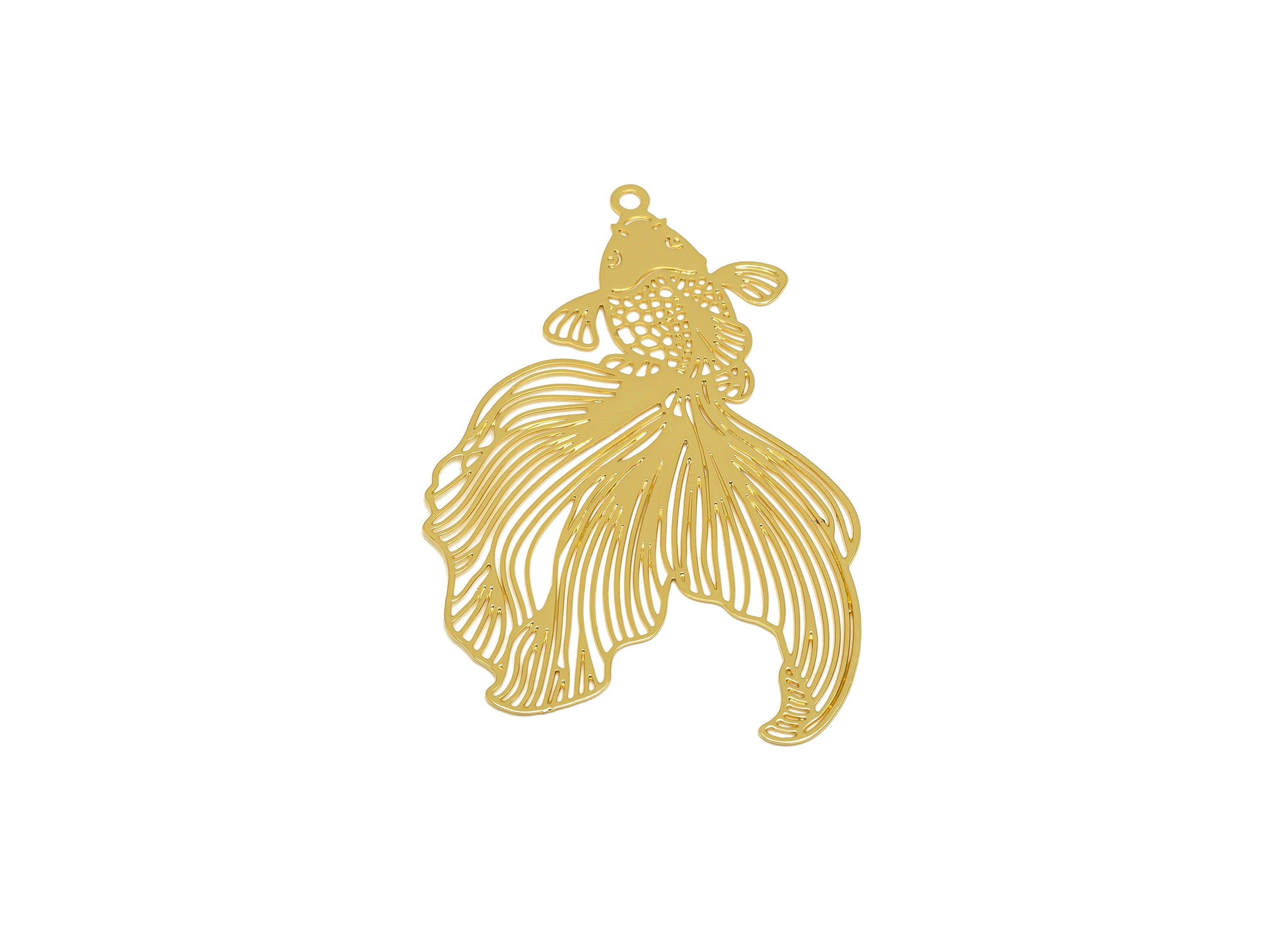 Brass Fish Earring Charm - Brass Hollow Fish Earring Charm - Brass Goldfish Pendant - 18K Real Gold Plating - 49.11x 30.23x0.31mm - RGP7147 - DOMEDBAZAAR