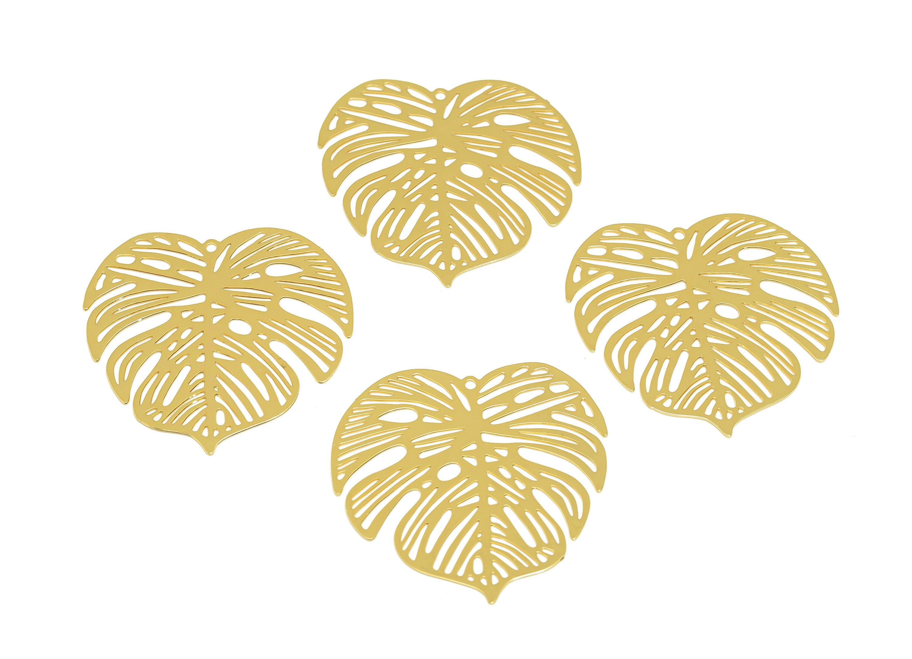 Brass Leaf Earring Charm - Brass Hollow Monstera Earring Charm - Brass Leaf Pendant - 18K Real Gold Plating - 32.08x31.25x0.35mm - RGP7152 - DOMEDBAZAAR