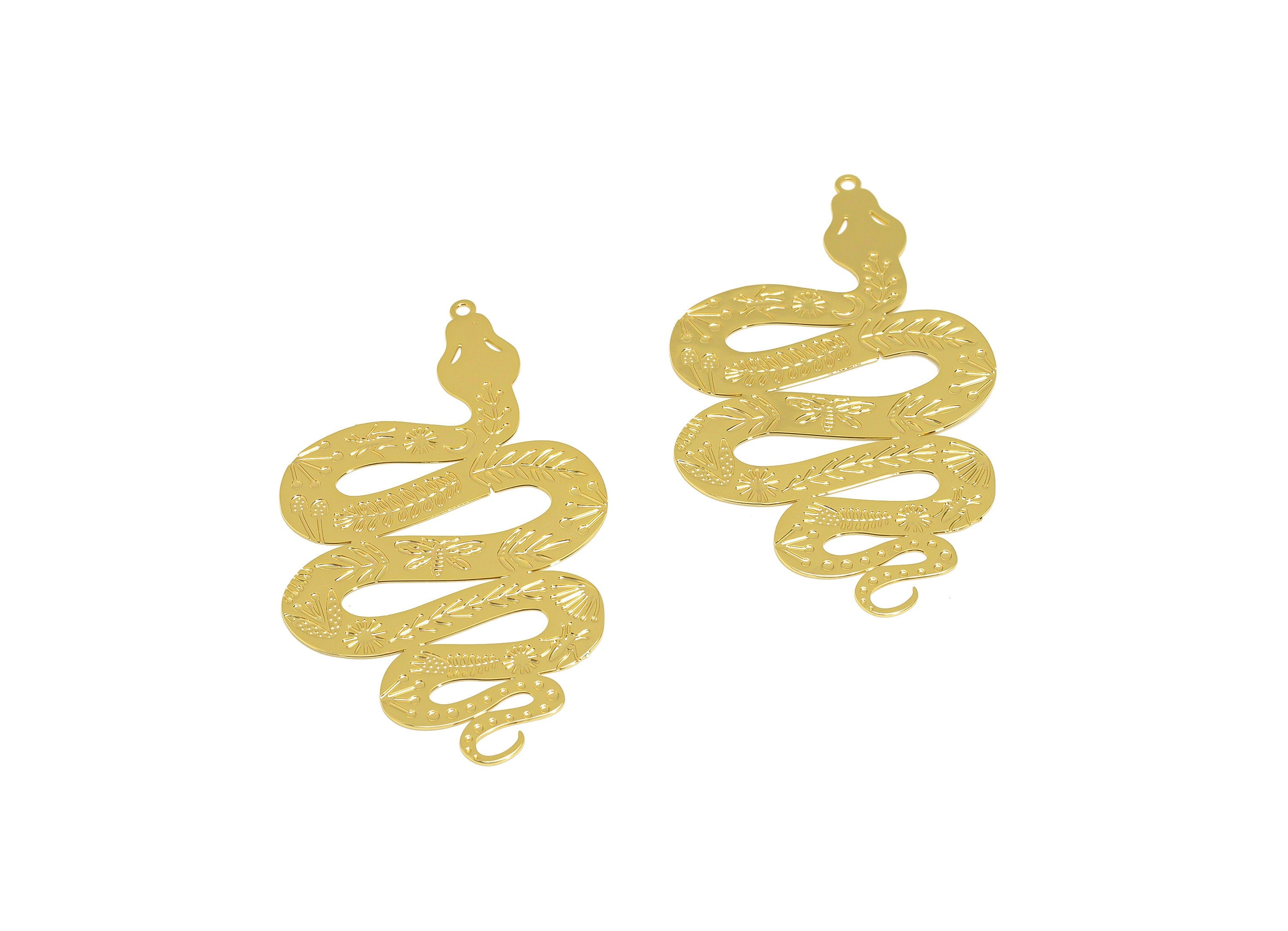 Brass Snake Earring Charm - Brass Pattern Snake Earring Charm - Brass Animal Pendant - 18K Real Gold Plating - 50.36x30.57x0.38mm - RGP7146 - DOMEDBAZAAR