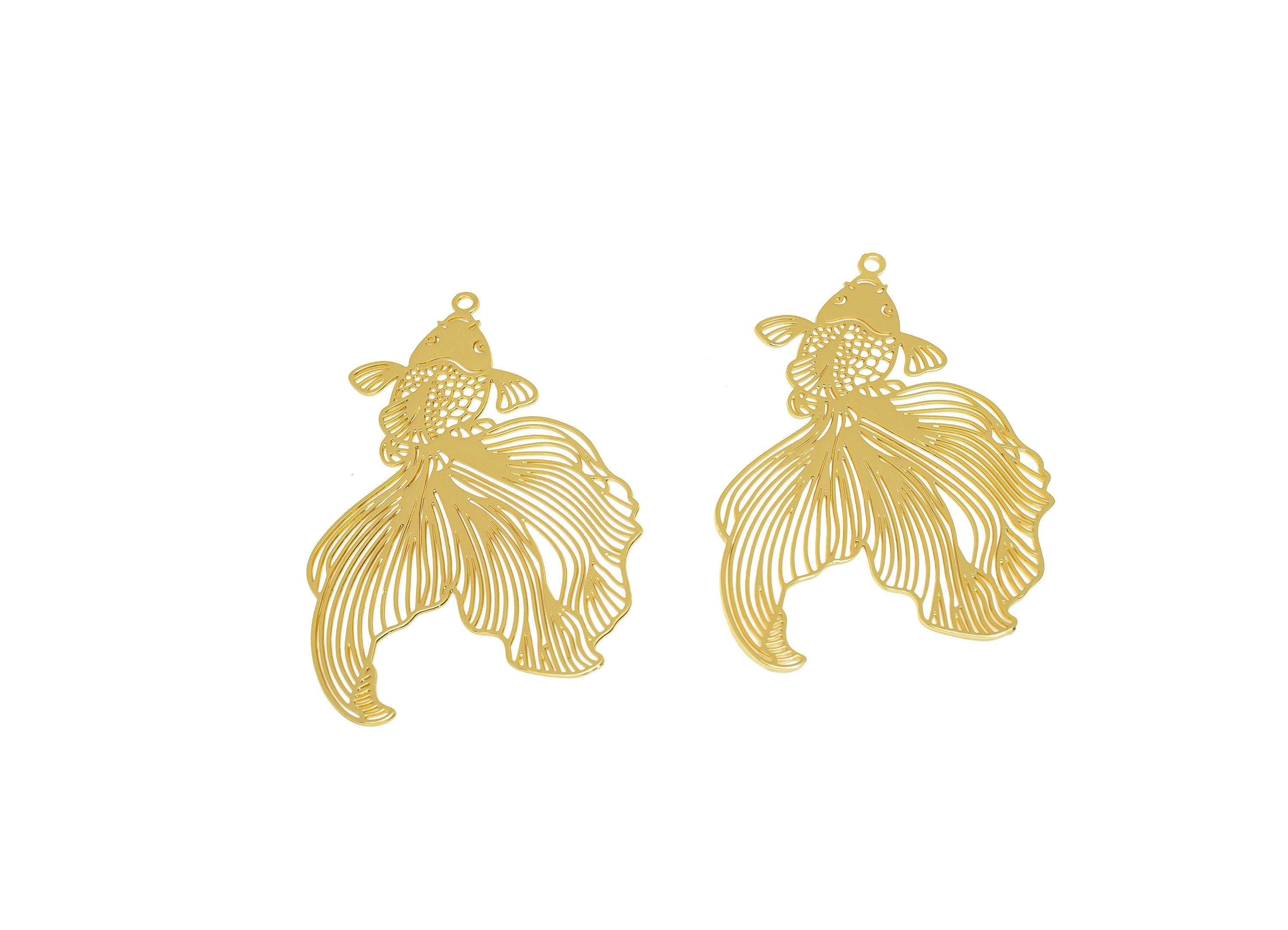 Brass Fish Earring Charm - Brass Hollow Fish Earring Charm - Brass Goldfish Pendant - 18K Real Gold Plating - 41x25.71x0.29mm - RGP7153 - DOMEDBAZAAR