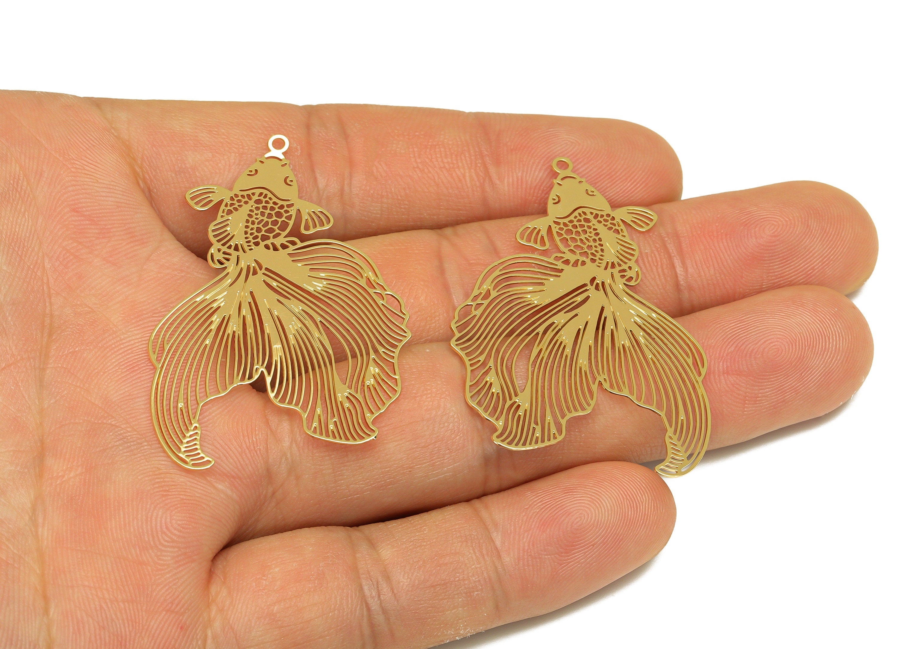 Brass Fish Earring Charm - Brass Hollow Fish Earring Charm - Brass Goldfish Pendant - 18K Real Gold Plating - 41x25.71x0.29mm - RGP7153 - DOMEDBAZAAR